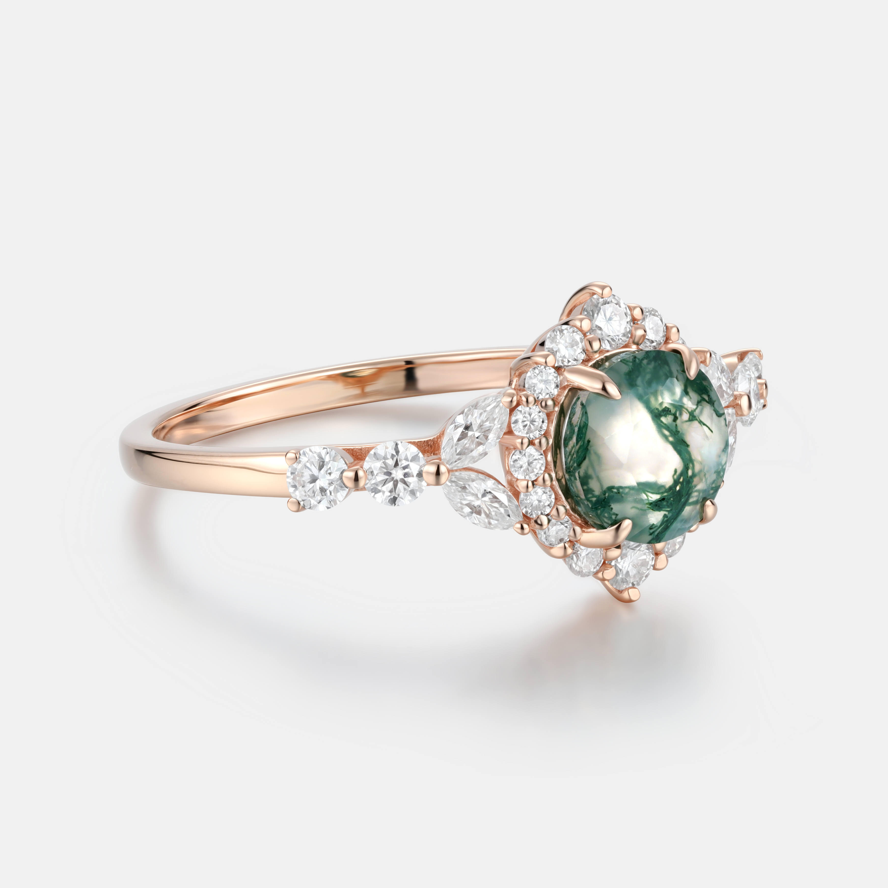 Lucky Gemstones | Round Moss Agate Engagement Ring with Moissanite Halo | Rose Gold Natural Inspired Artistic with Moissanite Accent