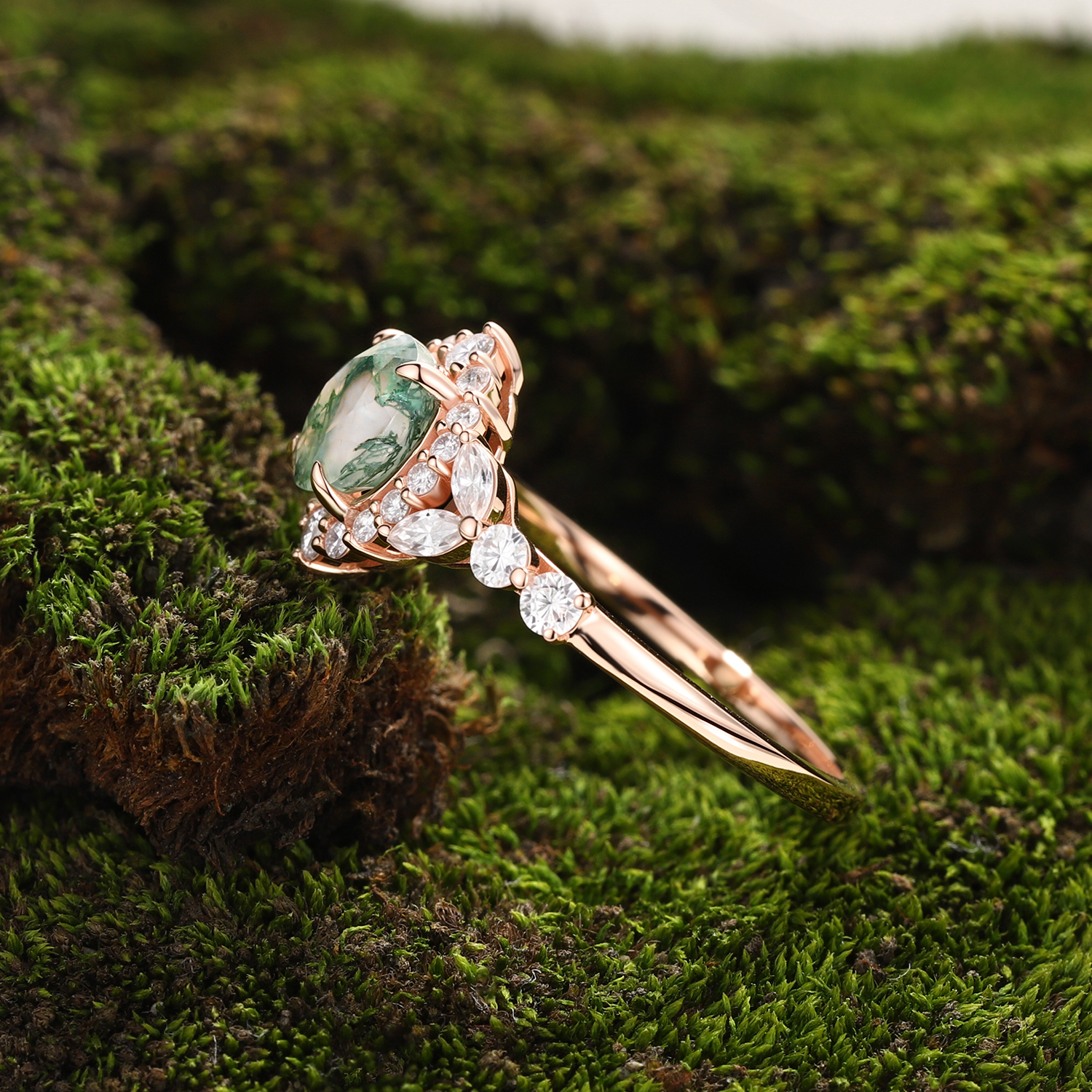 Lucky Gemstones | Round Moss Agate Engagement Ring with Moissanite Halo | Rose Gold Natural Inspired Artistic with Moissanite Accent