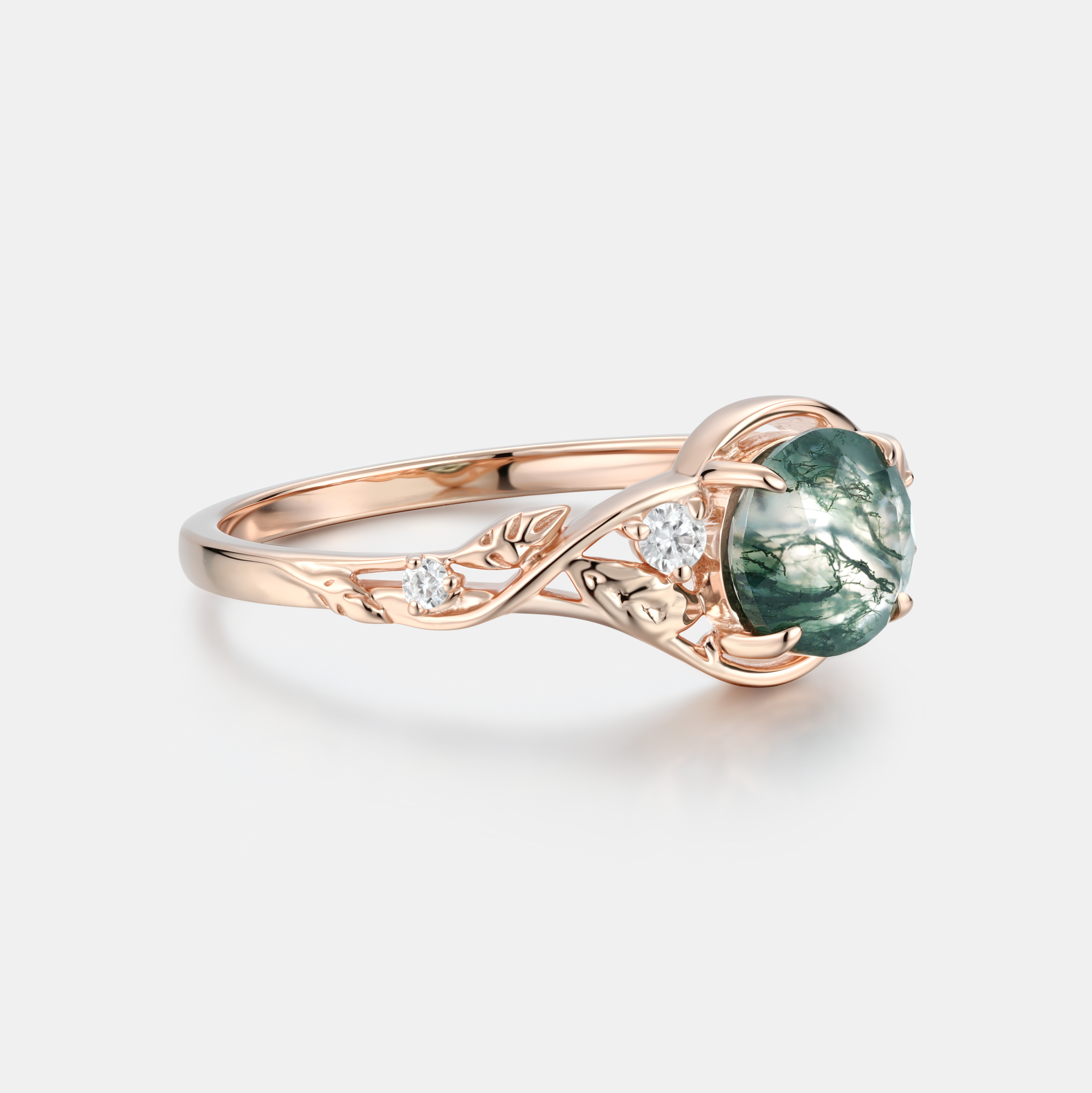 Lucky Gemstones | Rose Gold Round Moss Agate Enagagement Ring | Leaf Vine with Moissanite Accent | Nature Artistic