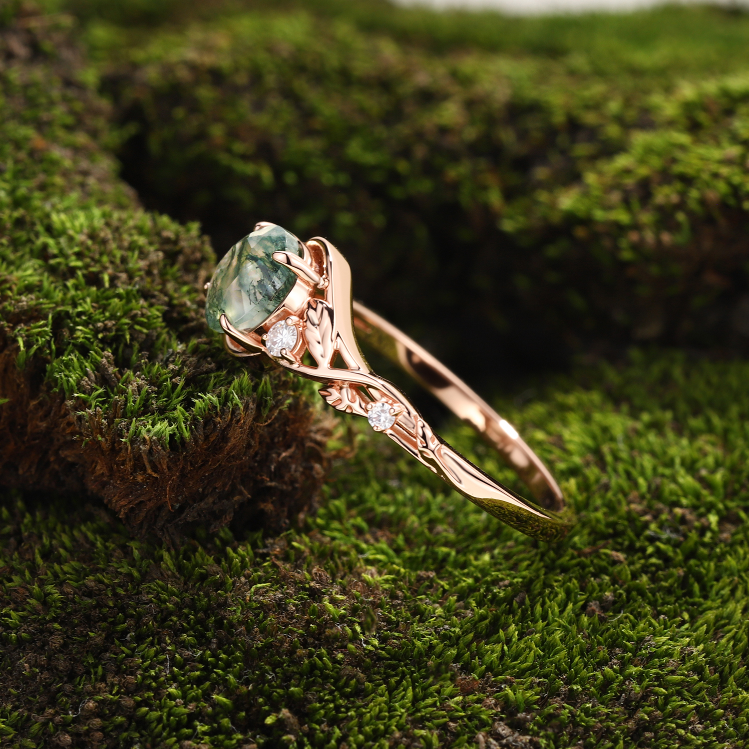 Lucky Gemstones | Rose Gold Round Moss Agate Enagagement Ring | Leaf Vine with Moissanite Accent | Nature Artistic