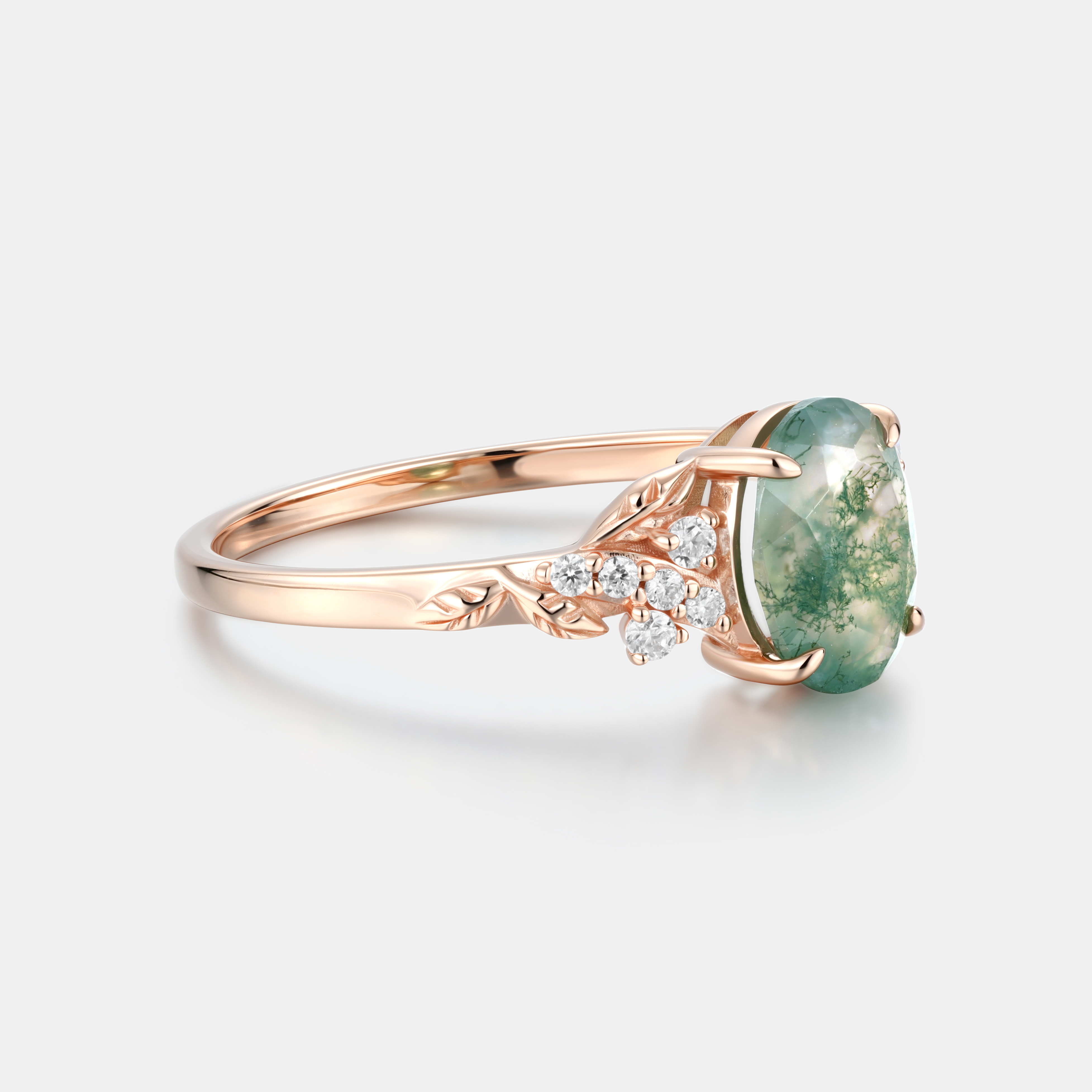 Lucky Gemstones | Oval Cut Moss Agate Enagagement Ring in Rose Gold | Delicate Moissanite Cluster Leaf Vine Design