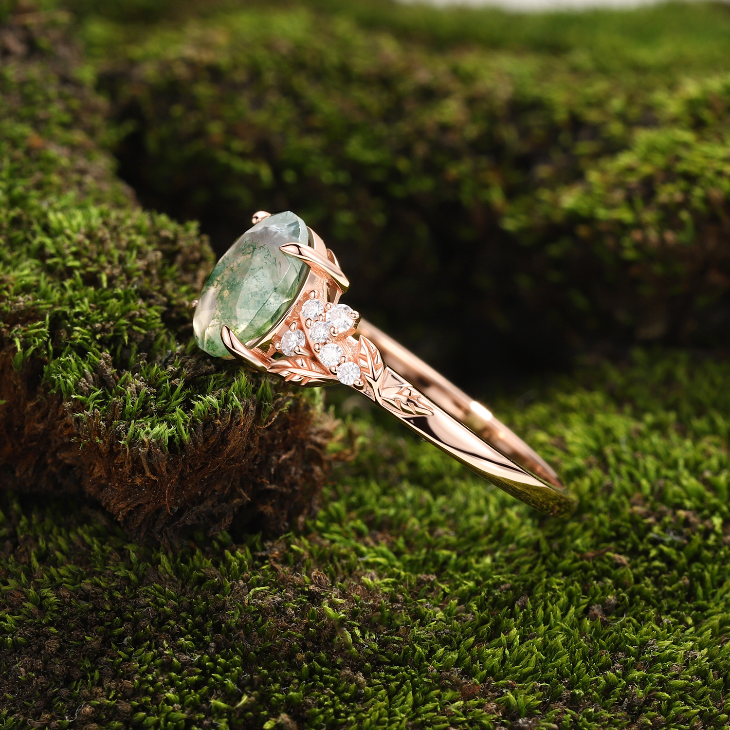 Lucky Gemstones | Oval Cut Moss Agate Enagagement Ring in Rose Gold | Delicate Moissanite Cluster Leaf Vine Design