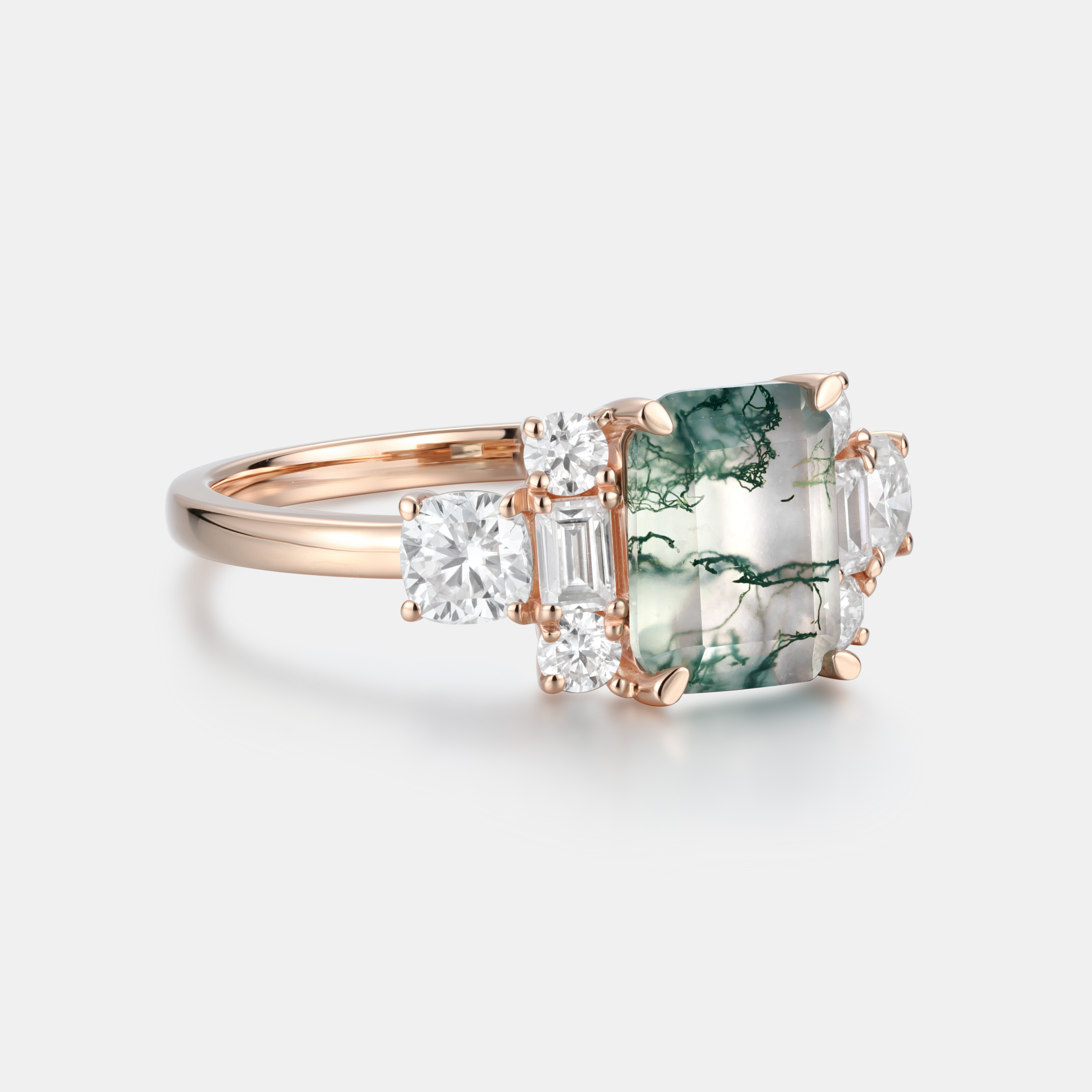 Lucky Gemstones | Emerald Cut Moss Agate Engagement Ring | Delicate Rose Gold Moissanite Cluster Band