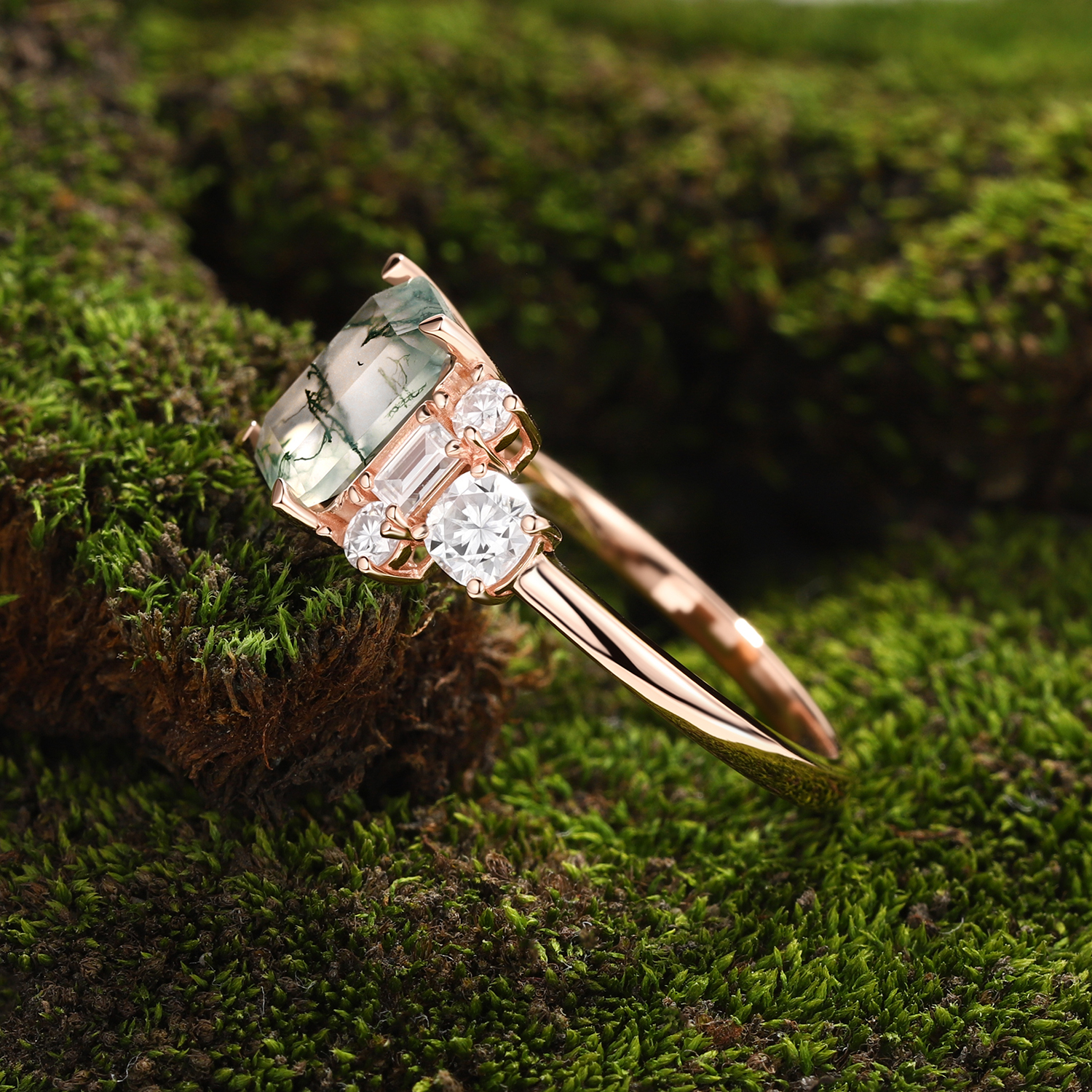 Lucky Gemstones | Emerald Cut Moss Agate Engagement Ring | Delicate Rose Gold Moissanite Cluster Band