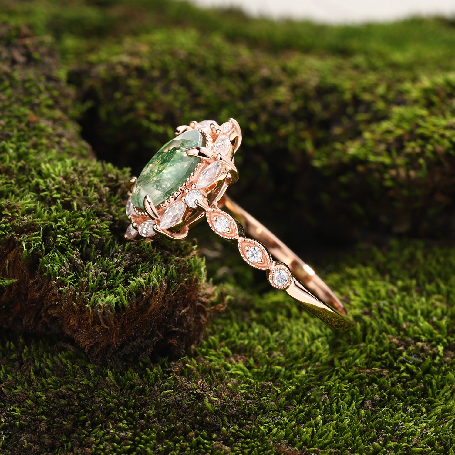 Lucky Gemstones | Oval Moss Agate Engagement Ring with Moissanite Halo | Rose Gold Leaf Vine Weave Band Moissanite Accent