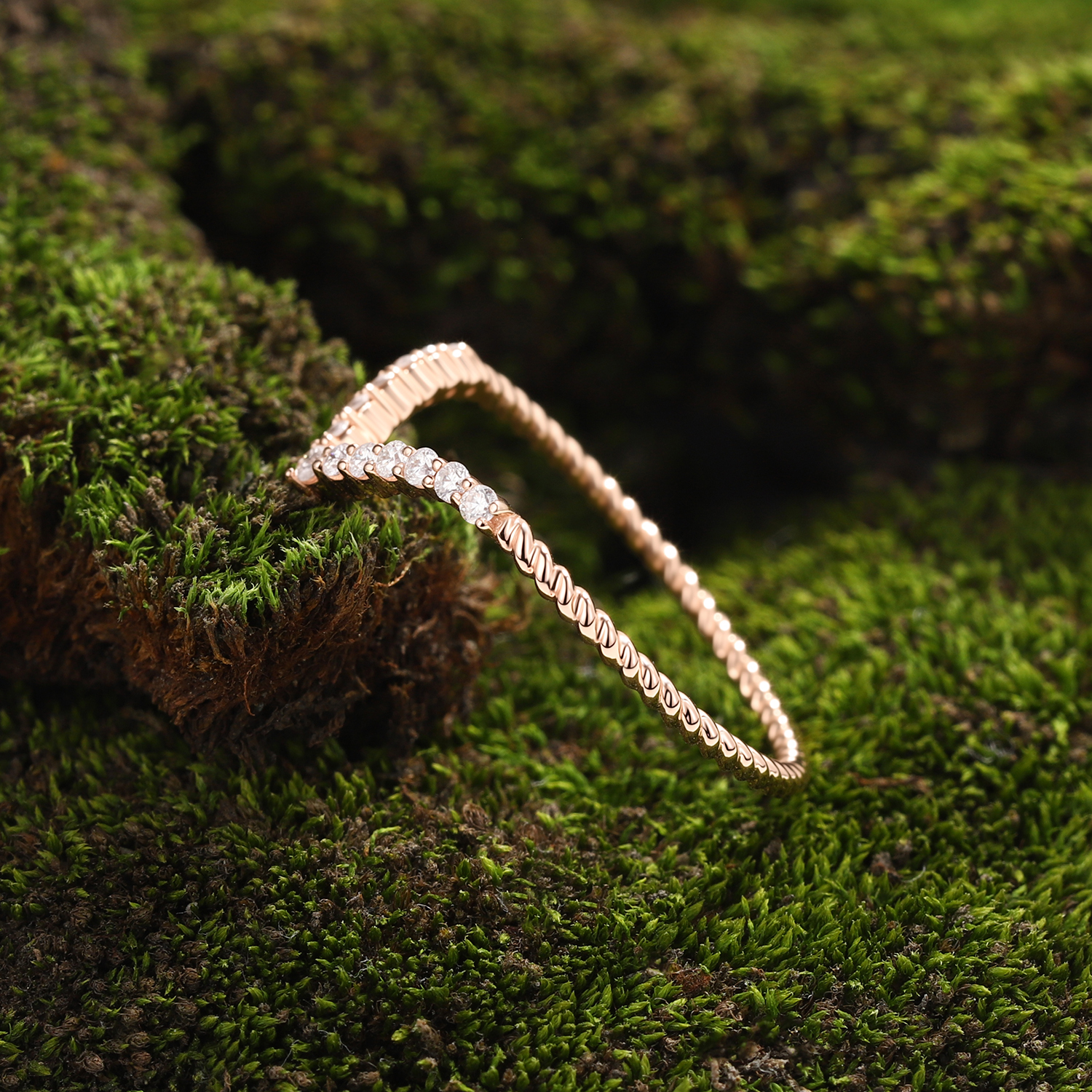 Lucky Gemstones | Round Cut Moissanite Curved Wedding Band | Delicate Rose Gold Twisted Band for Her | Minimalist Design