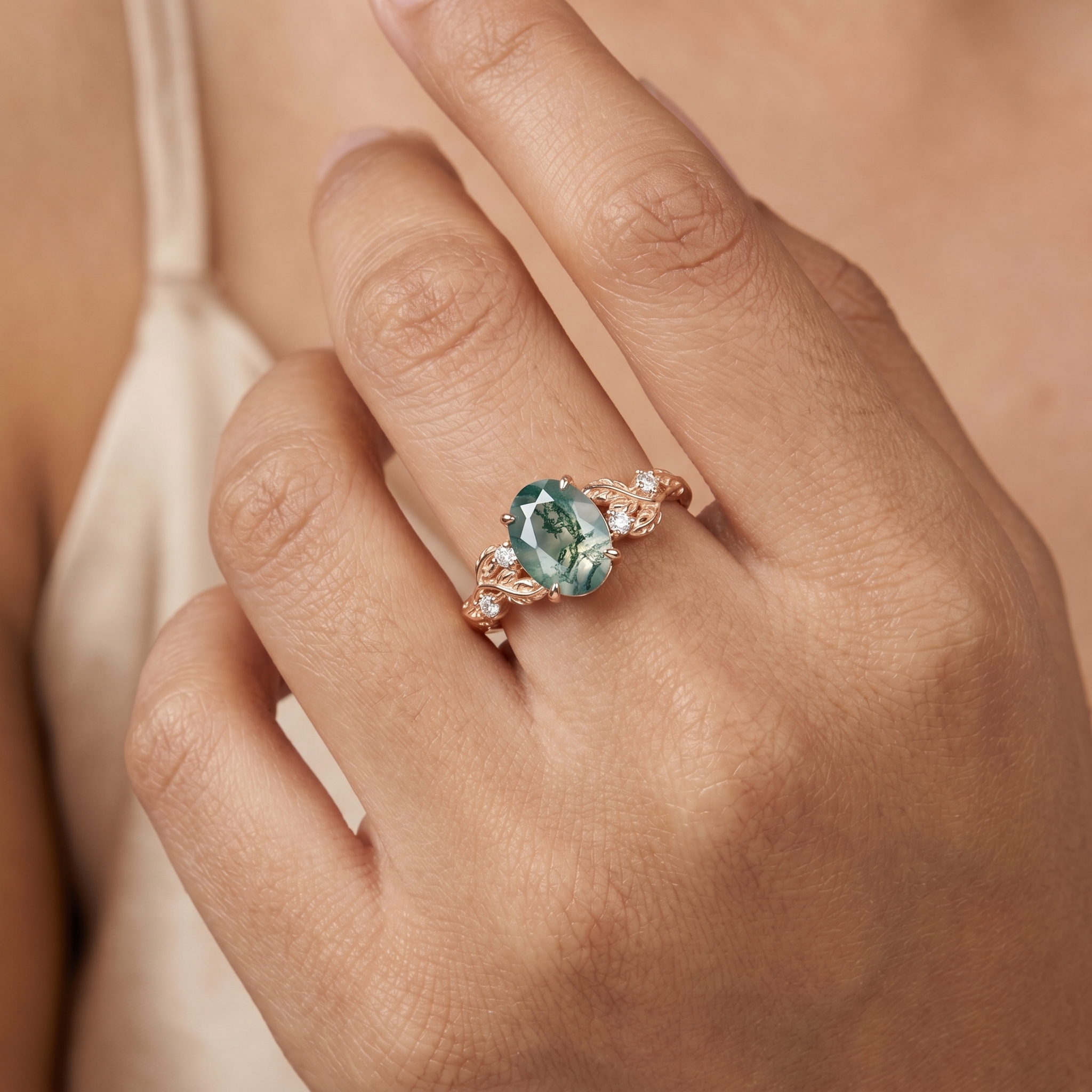 Rose Gold Natural Oval Cut Moss Agate Vine Leaf Ring with Moissanite Foliage | Nature Artistic Engagement Ring
