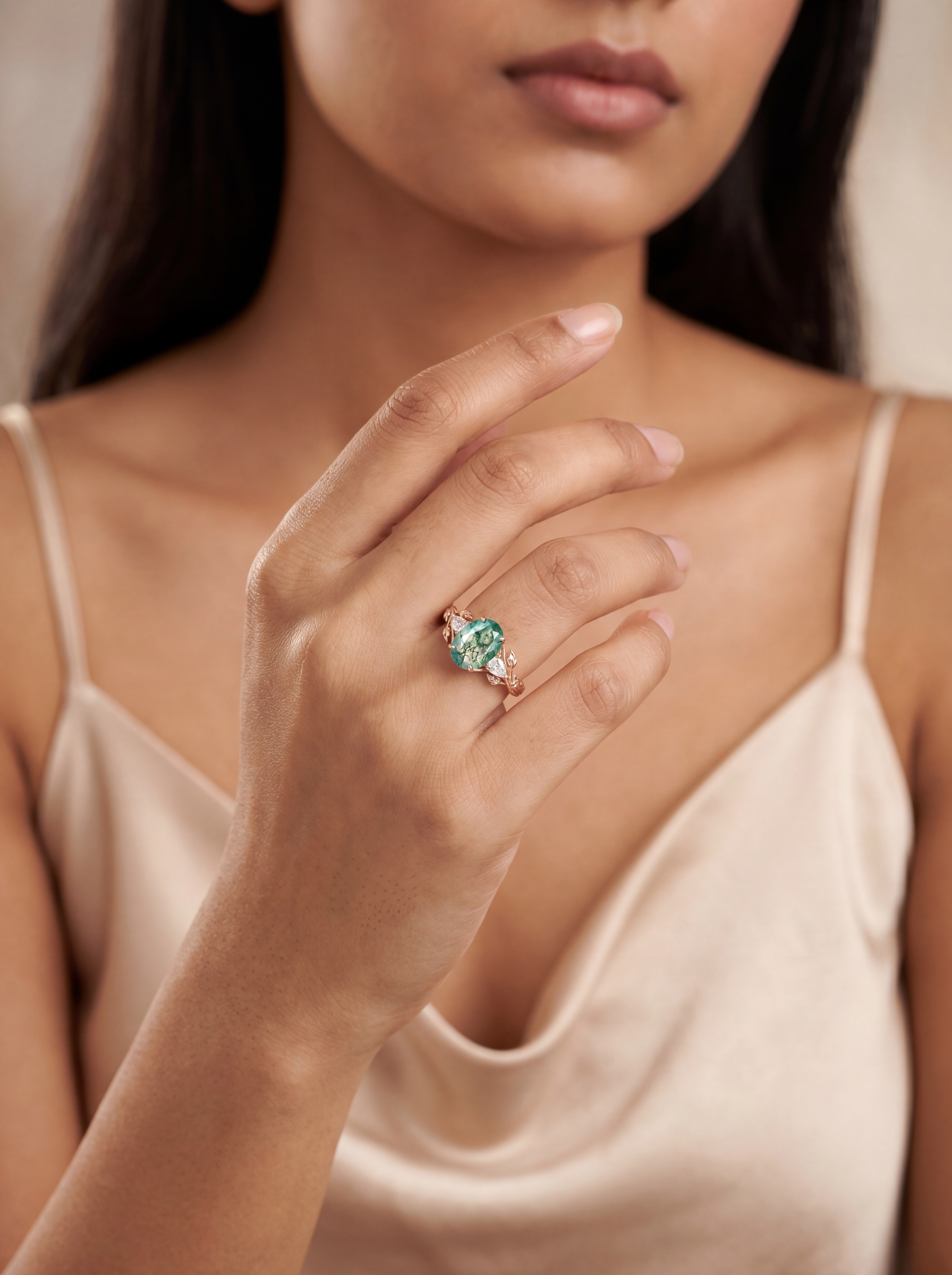 Rose Gold Natural Oval Cut Moss Agate Leaf Vine Three-Stone Ring with Pear Moissanite Accents | Nature Artistic Engagement Ring