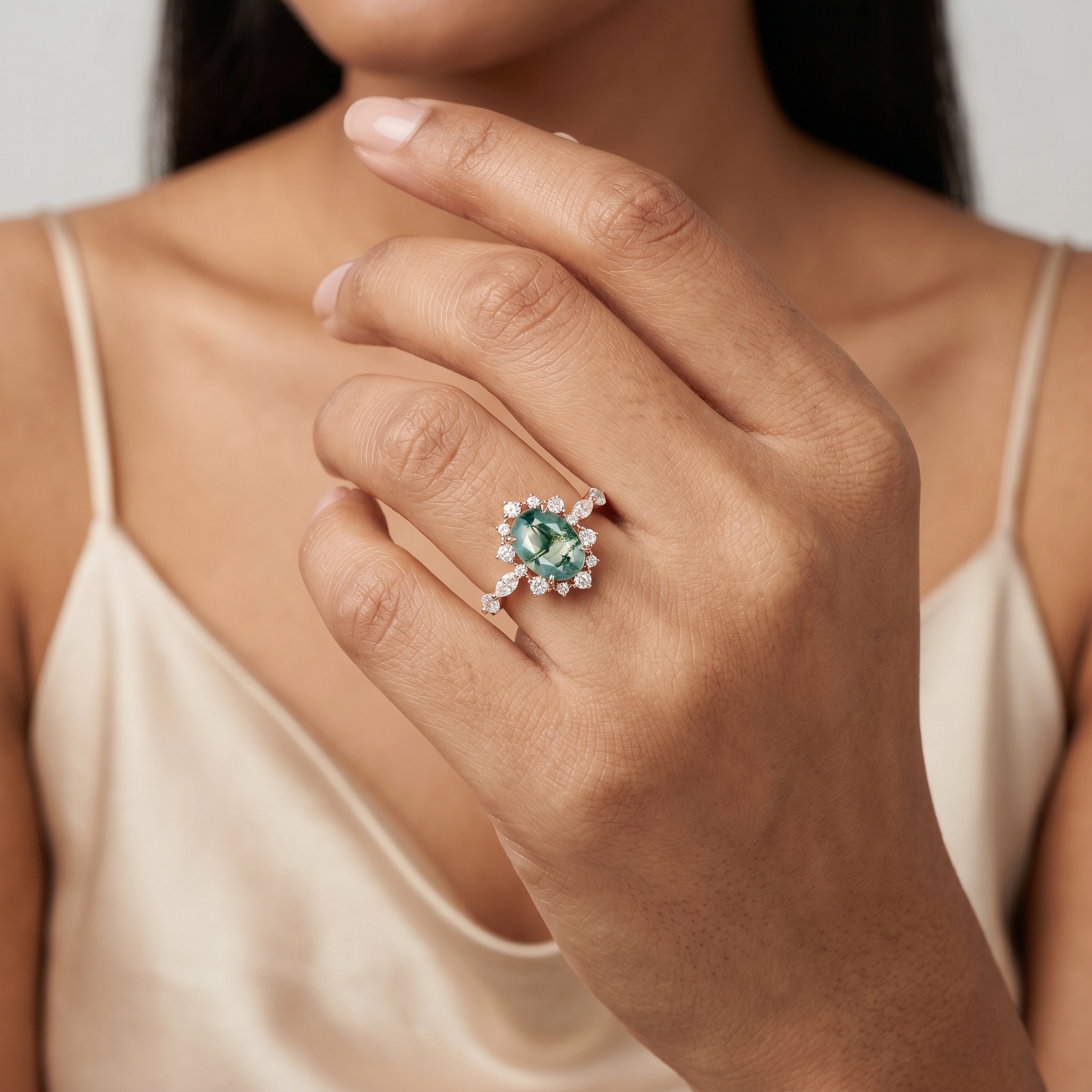 Oval Moss Agate Rose Gold Halo Ring with Pear Moissanite & Crown Accents | Glamorous Forest Boho Engagement Ring-GLR0018