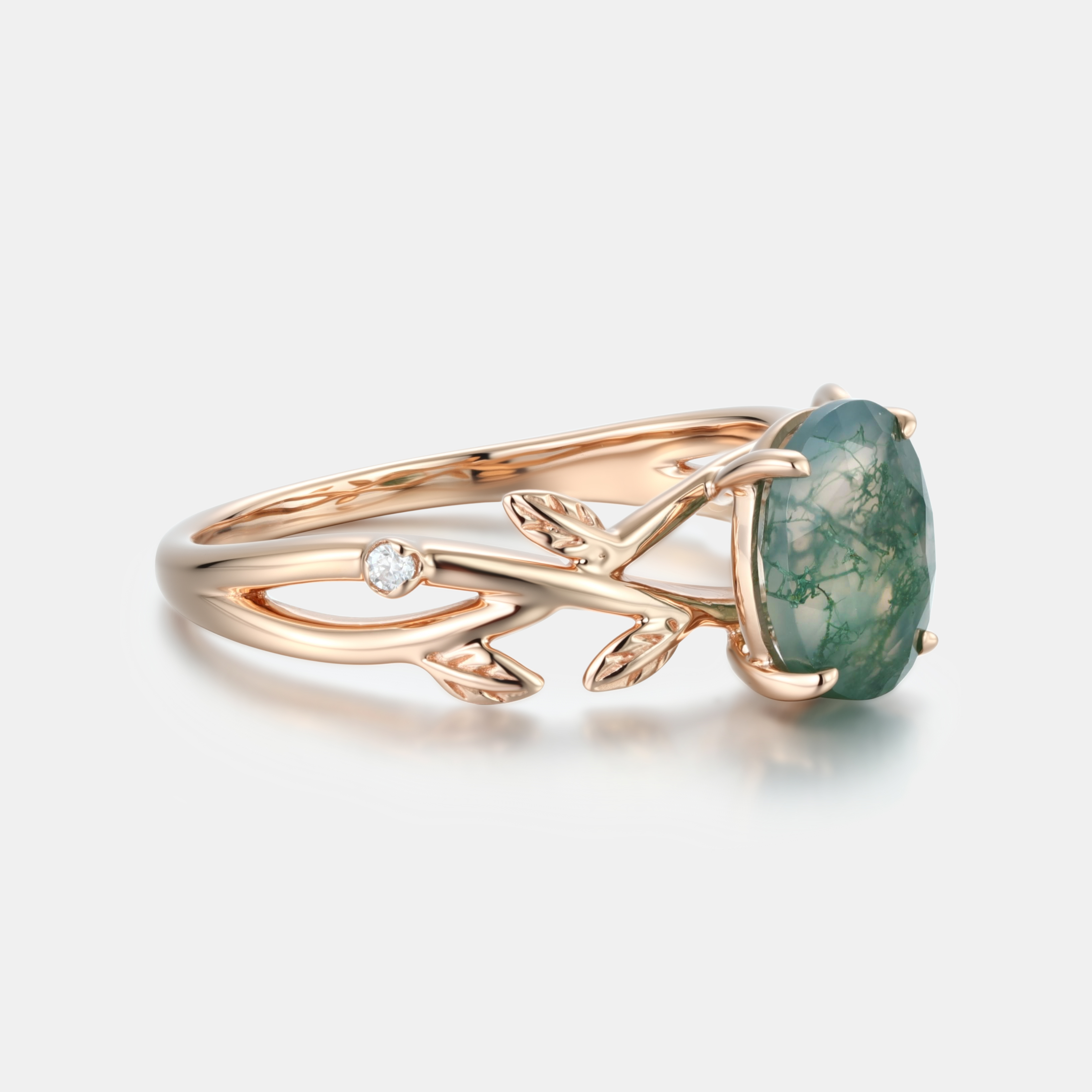 Rose Gold Natural Oval Cut Moss Agate Intertwined Vine Ring with Leaf Carving | Nature Artistic Engagement Ring