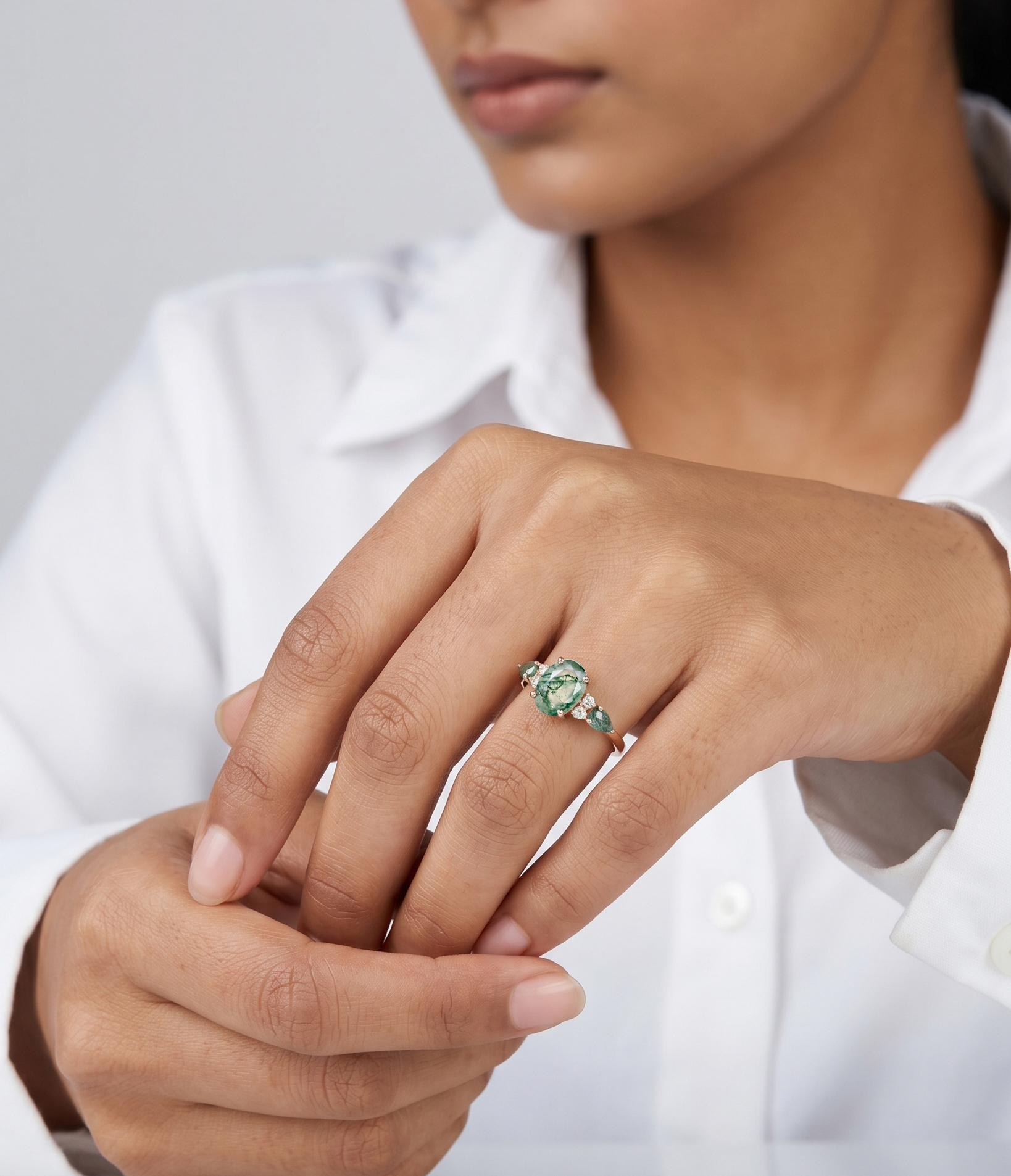 Rose Gold Natural Oval Cut Moss Agate Three-Stone Ring with Pear Side Stones & Moissanite Accents | Nature-Inspired Engagement Ring