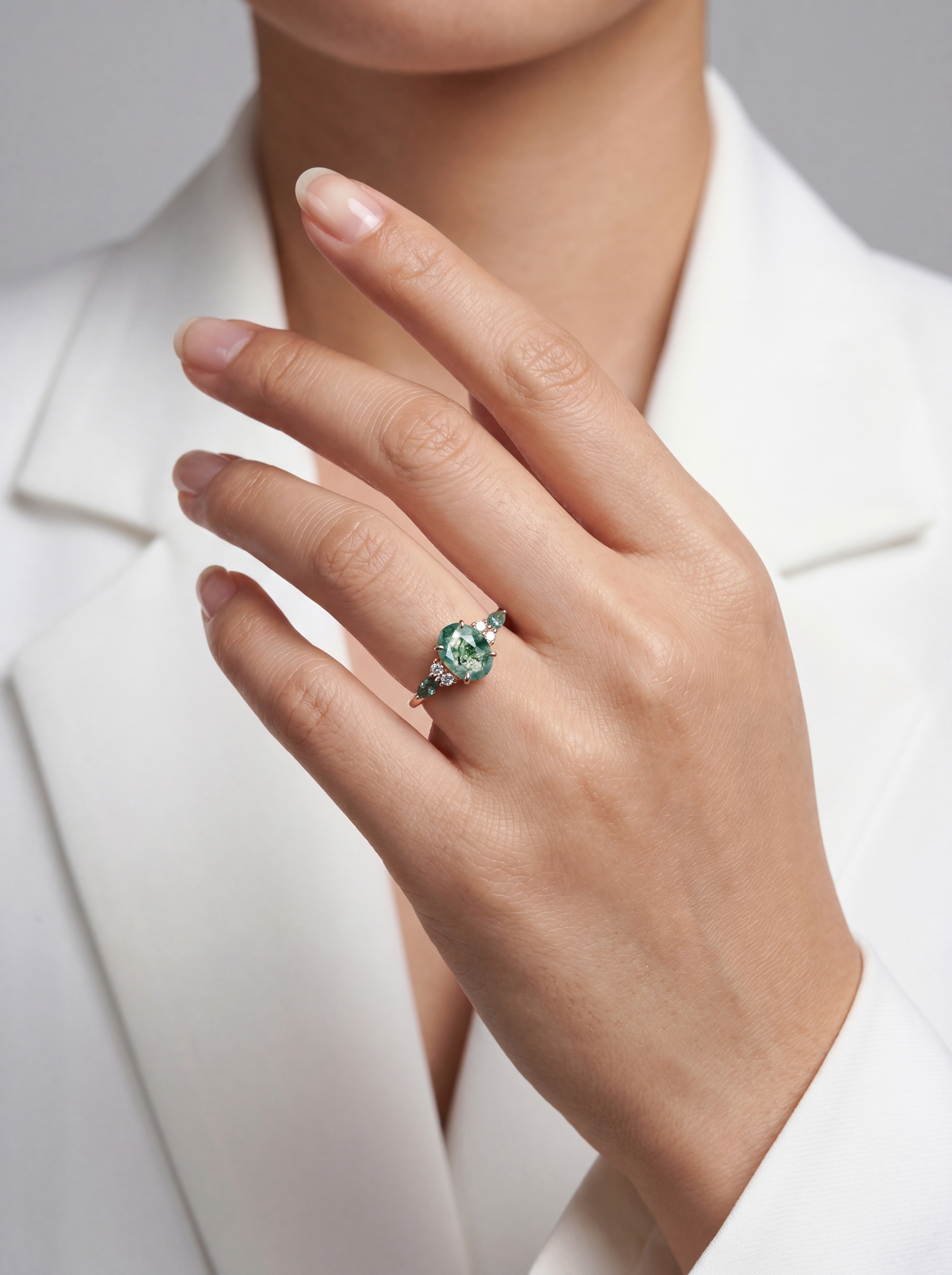 Rose Gold Natural Oval Cut Moss Agate Three-Stone Ring with Matching Marquise Moss Agate Sides | Nature-Inspired Engagement Ring