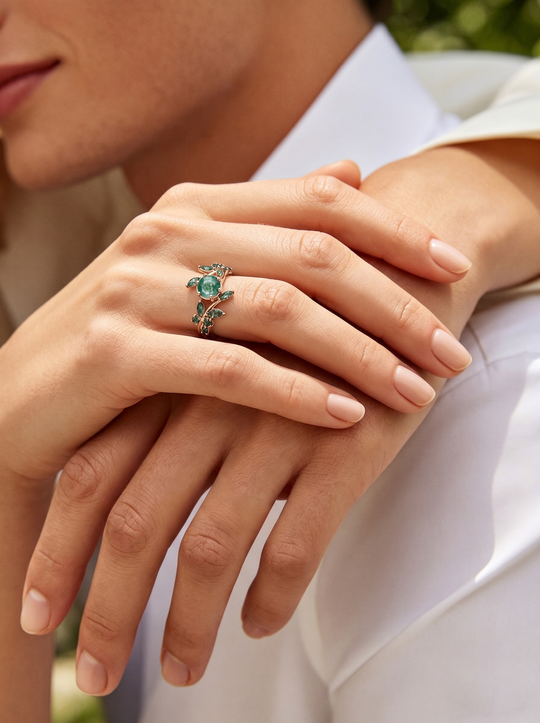 Lucky Blooming Moss Agate Engagement Ring in Rose Gold | Marquise Leaf Cluster Floral Design