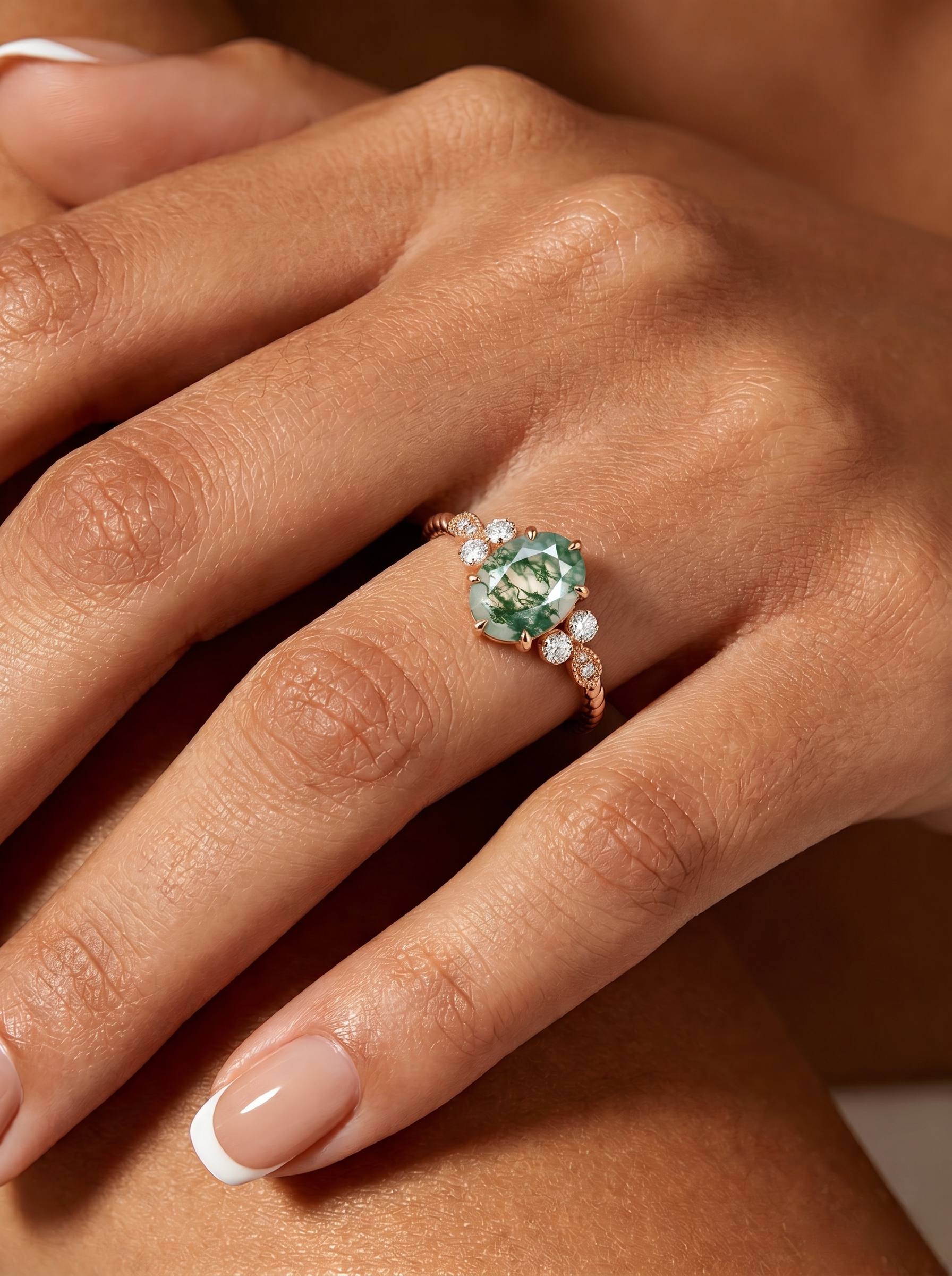 Rose Gold Natural Oval Cut Moss Agate Floral Twist Ring – Romantic Bloom from the Forest