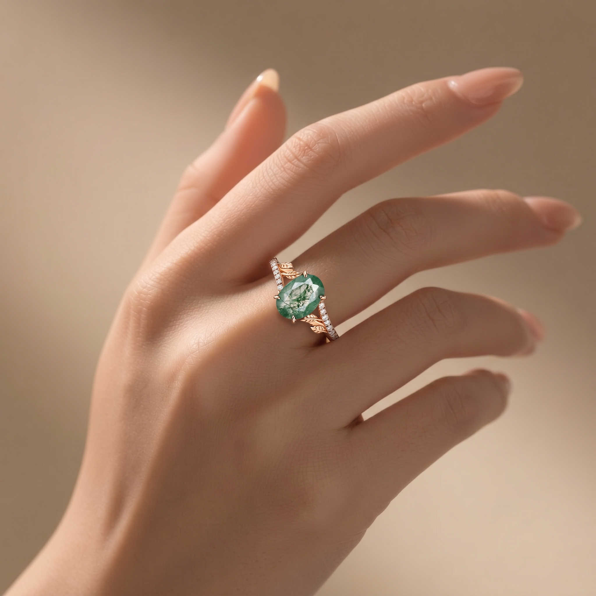 Rose Gold Natural Oval Cut Moss Agate Vine Moissanite Ring with Leaf Carving & Pavé Half Band | Nature Artistic Engagement Ring