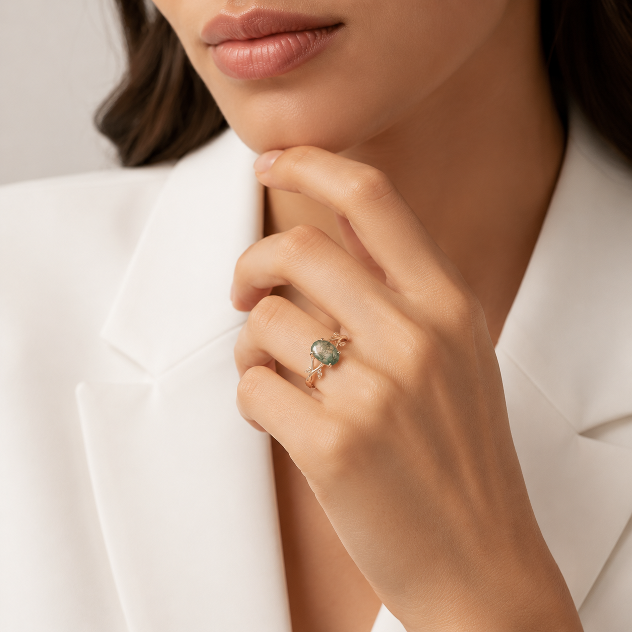 Rose Gold Natural Oval Cut Moss Agate Intertwined Vine Ring with Leaf Carving | Nature Artistic Engagement Ring