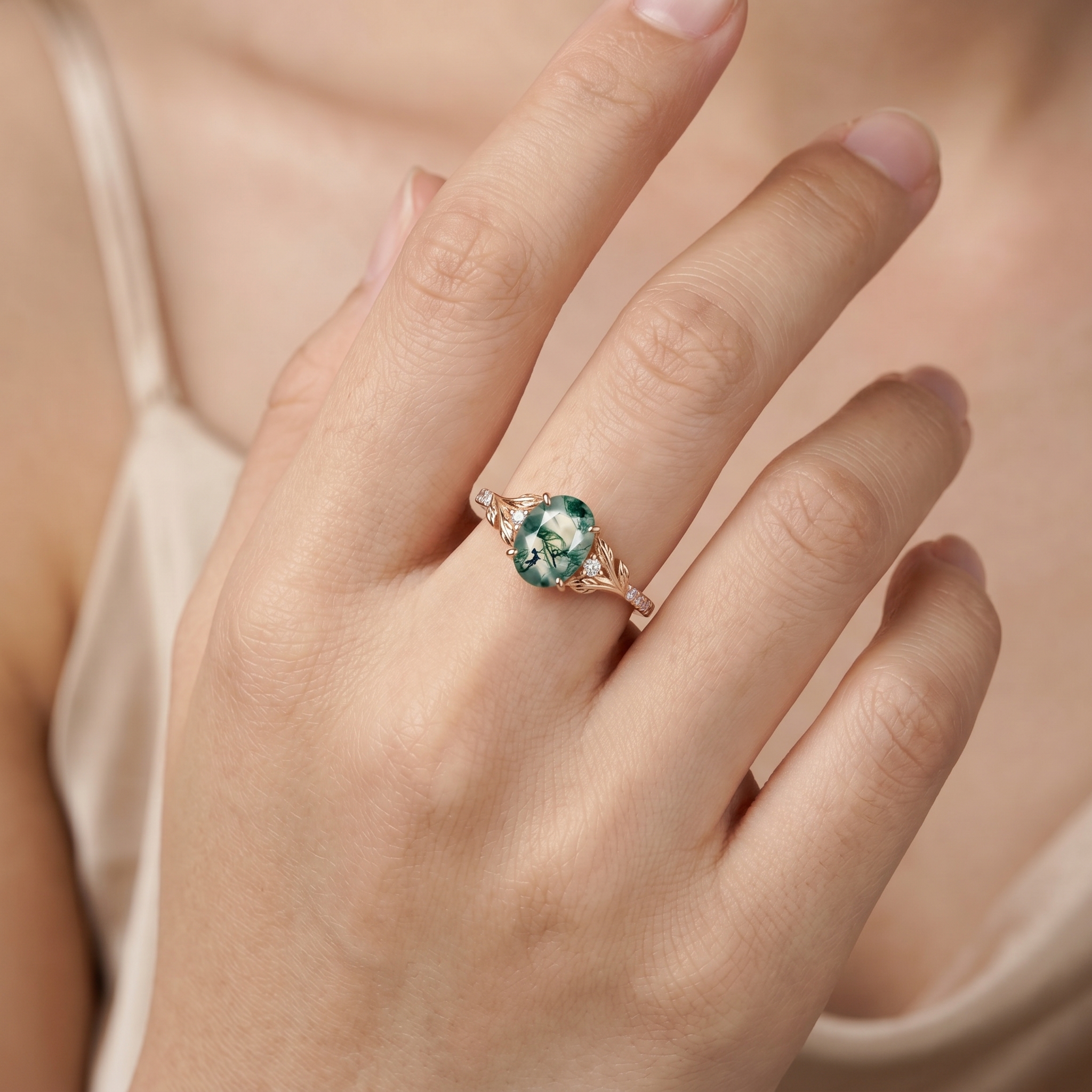 Rose Gold Natural Oval Cut Moss Agate Vine Diamond Half-Pavé Ring with Leaf Carving | Nature Artistic Engagement Ring