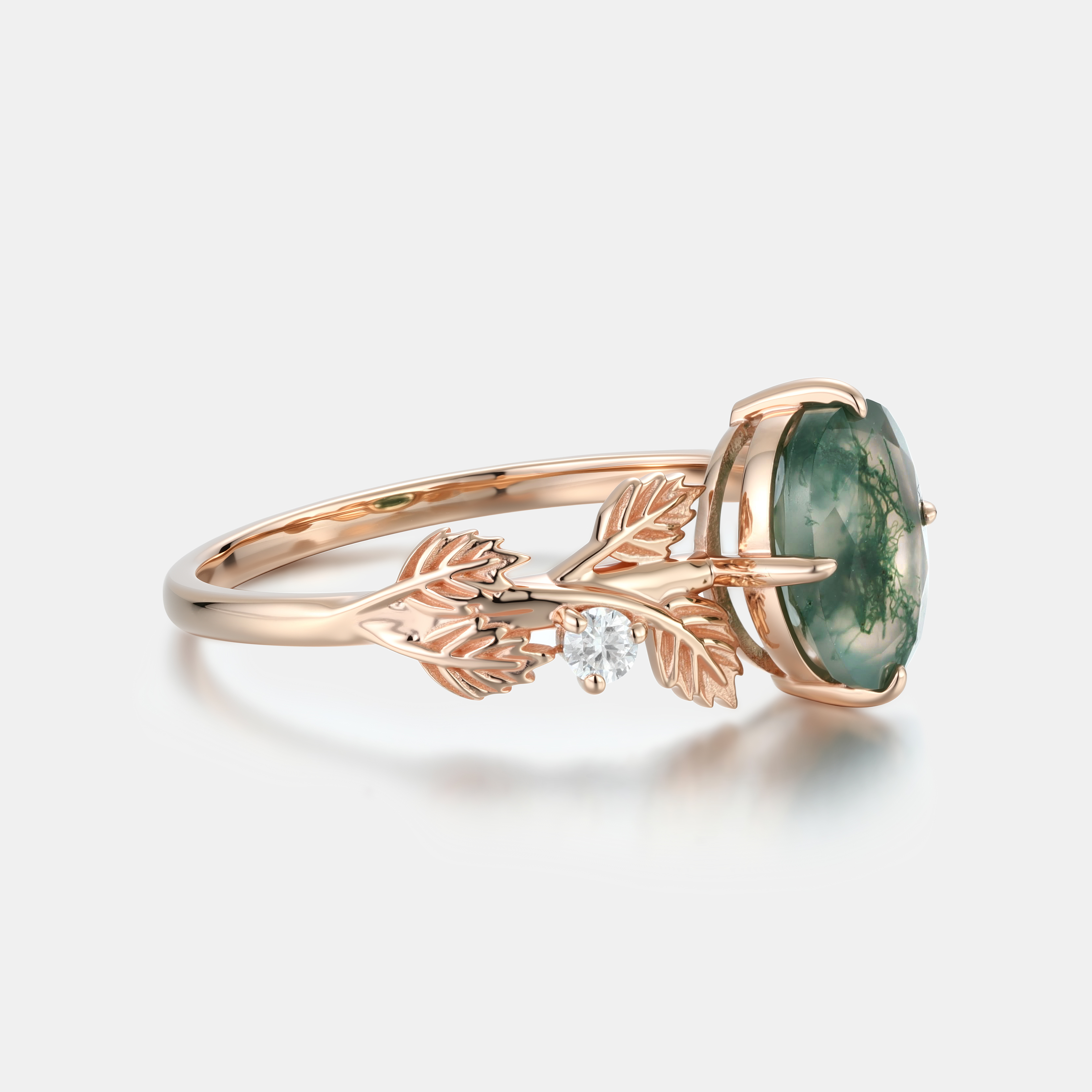 Oval Cut Moss Agate Rose Gold Leaf Ring with Symmetrical Carved Leaves | Unique Forest Boho Engagement Ring