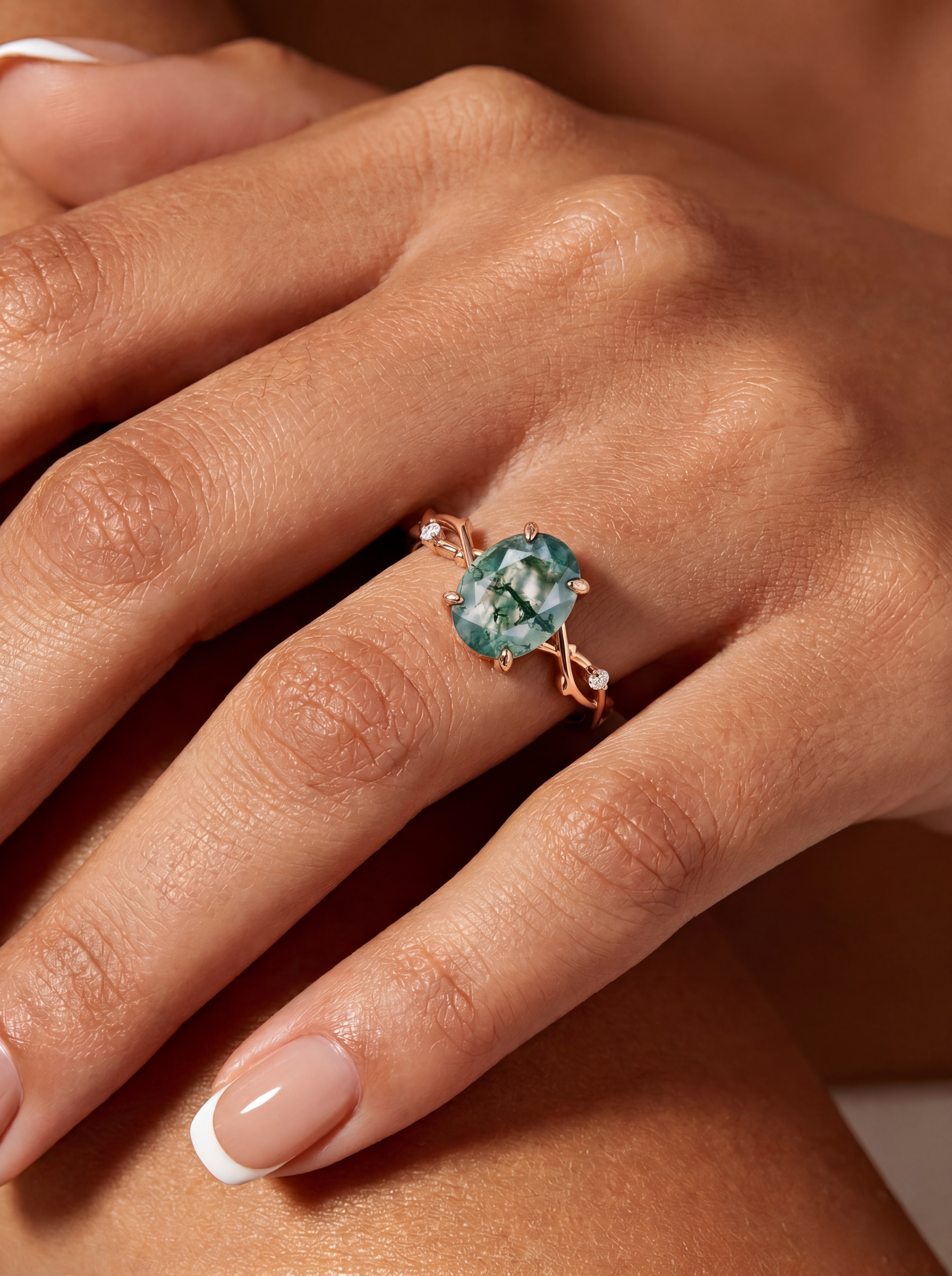 Rose Gold Natural Oval Cut Moss Agate Intertwined Vine Ring with Leaf Carving | Nature Artistic Engagement Ring