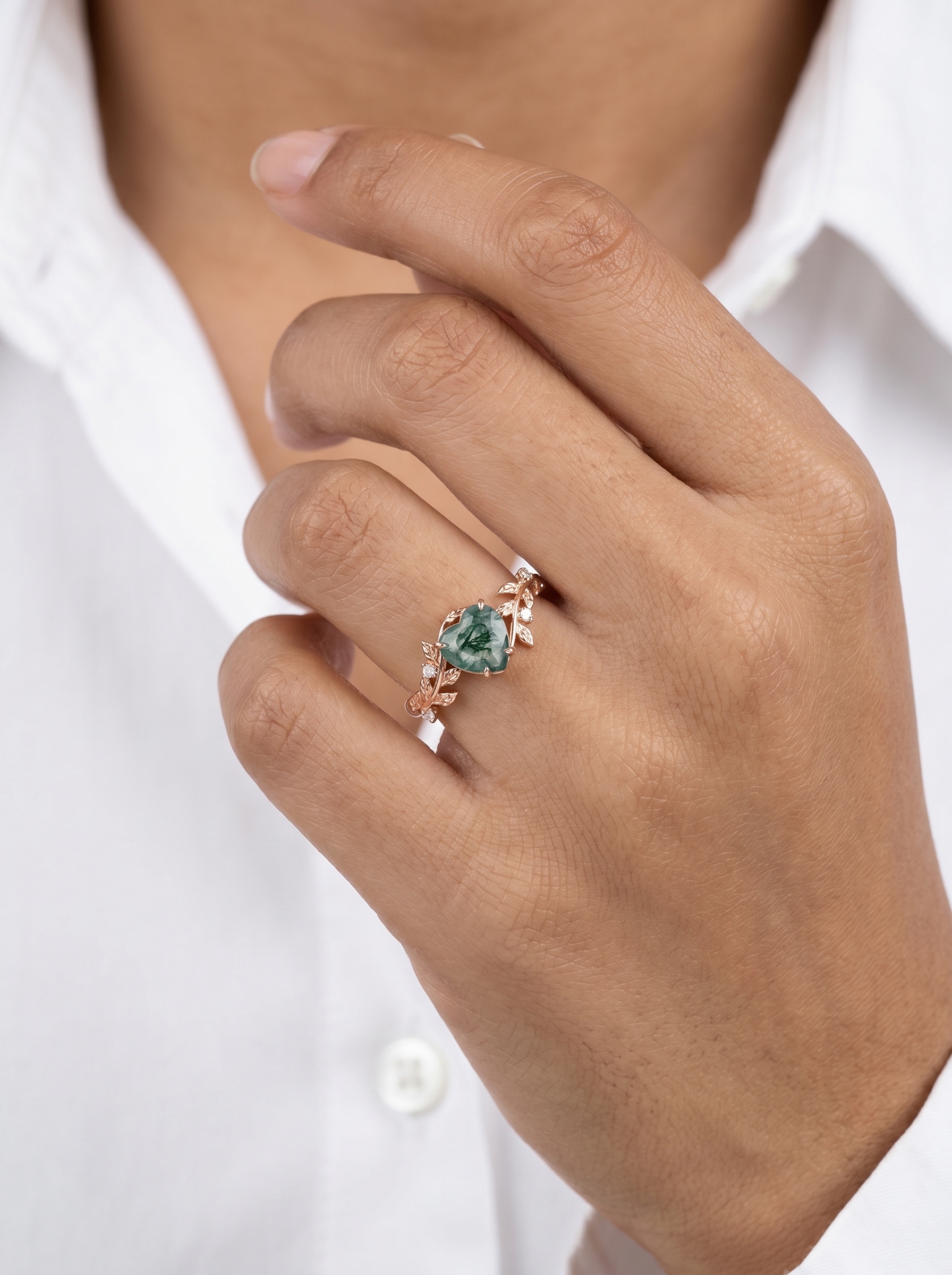 Lucky Heart Natural Moss Agate Engagement Ring in Rose Gold | Leaf Vine Botanical Design with Moissanite Accents