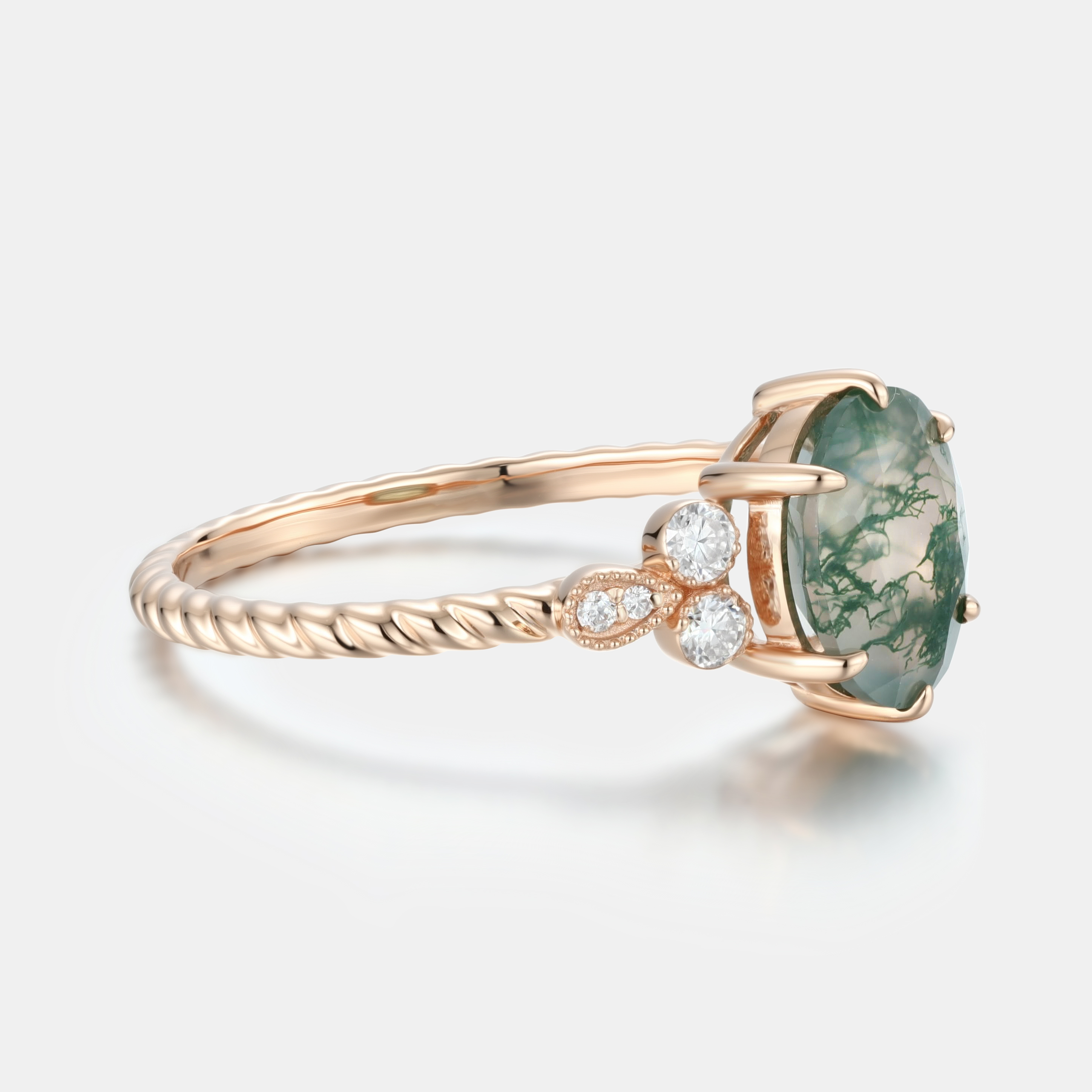 Rose Gold Natural Oval Cut Moss Agate Floral Ring – Romantic Bloom from the Forest