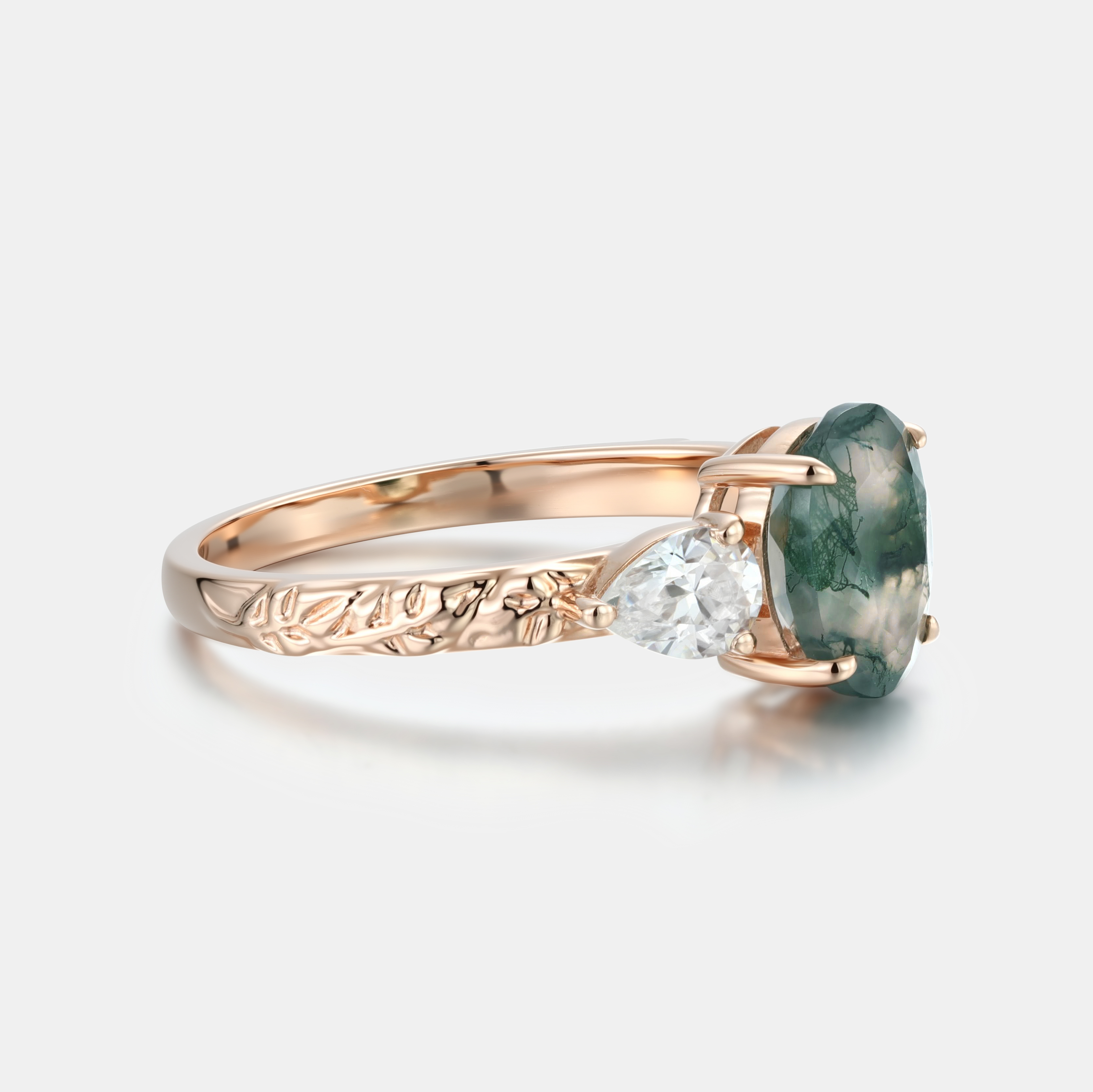 Rose Gold Natural Oval Cut Moss Agate Three-Stone Ring with Pear Diamonds & Leaf Carving | Nature Elegant Engagement Ring