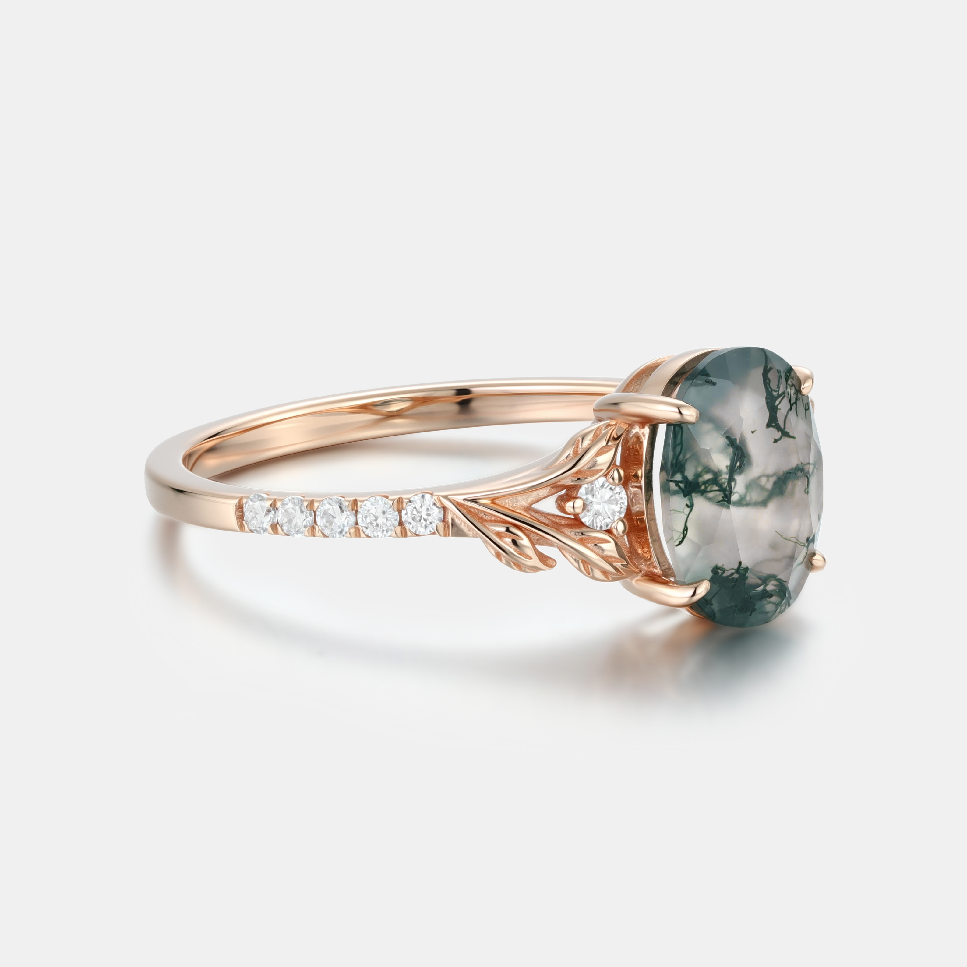 Rose Gold Natural Oval Cut Moss Agate Vine Diamond Half-Pavé Ring with Leaf Carving | Nature Artistic Engagement Ring
