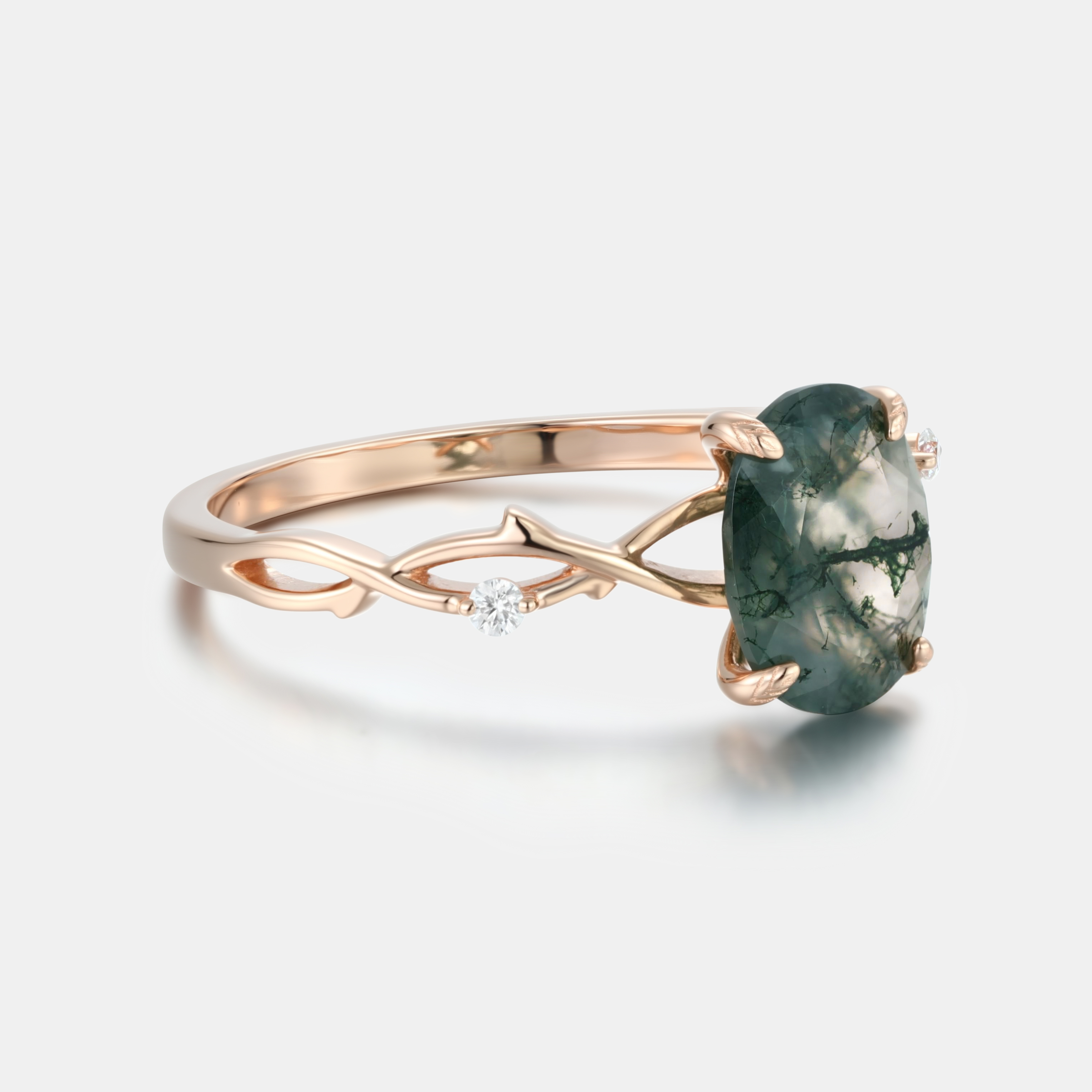 Rose Gold Natural Oval Cut Moss Agate Intertwined Vine Ring with Leaf Carving | Nature Artistic Engagement Ring