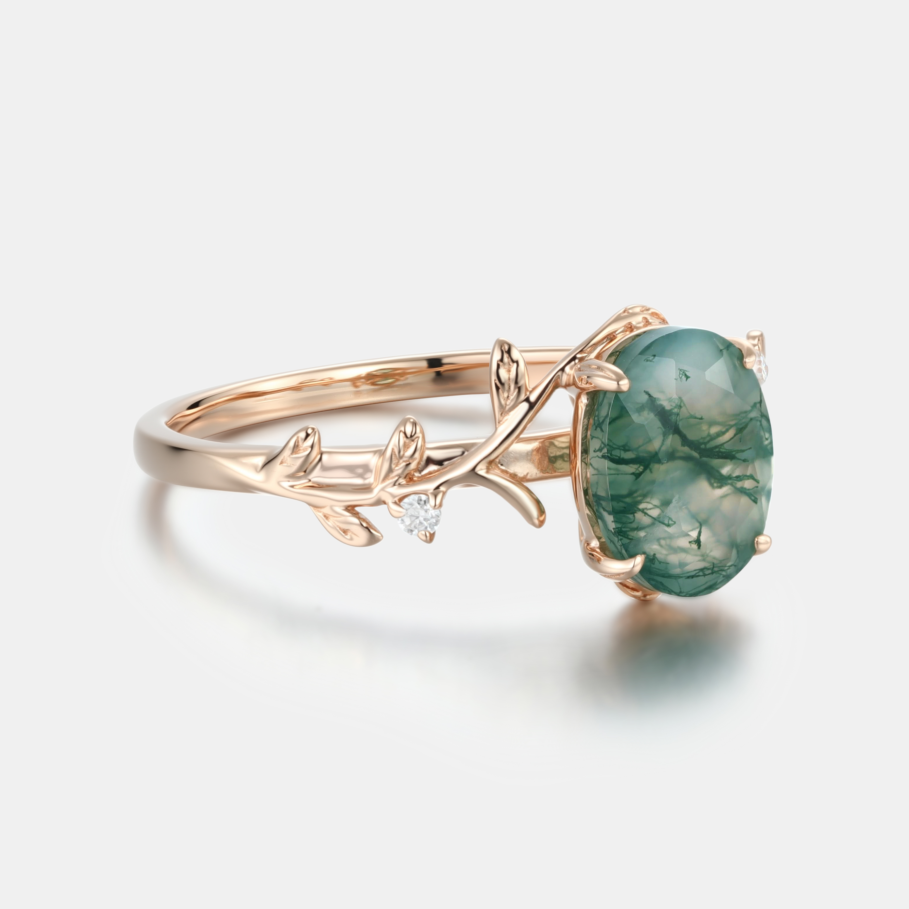 Oval Moss Agate Rose Gold Leaf Ring with Symmetrical Carved Leaves | Unique Forest Boho