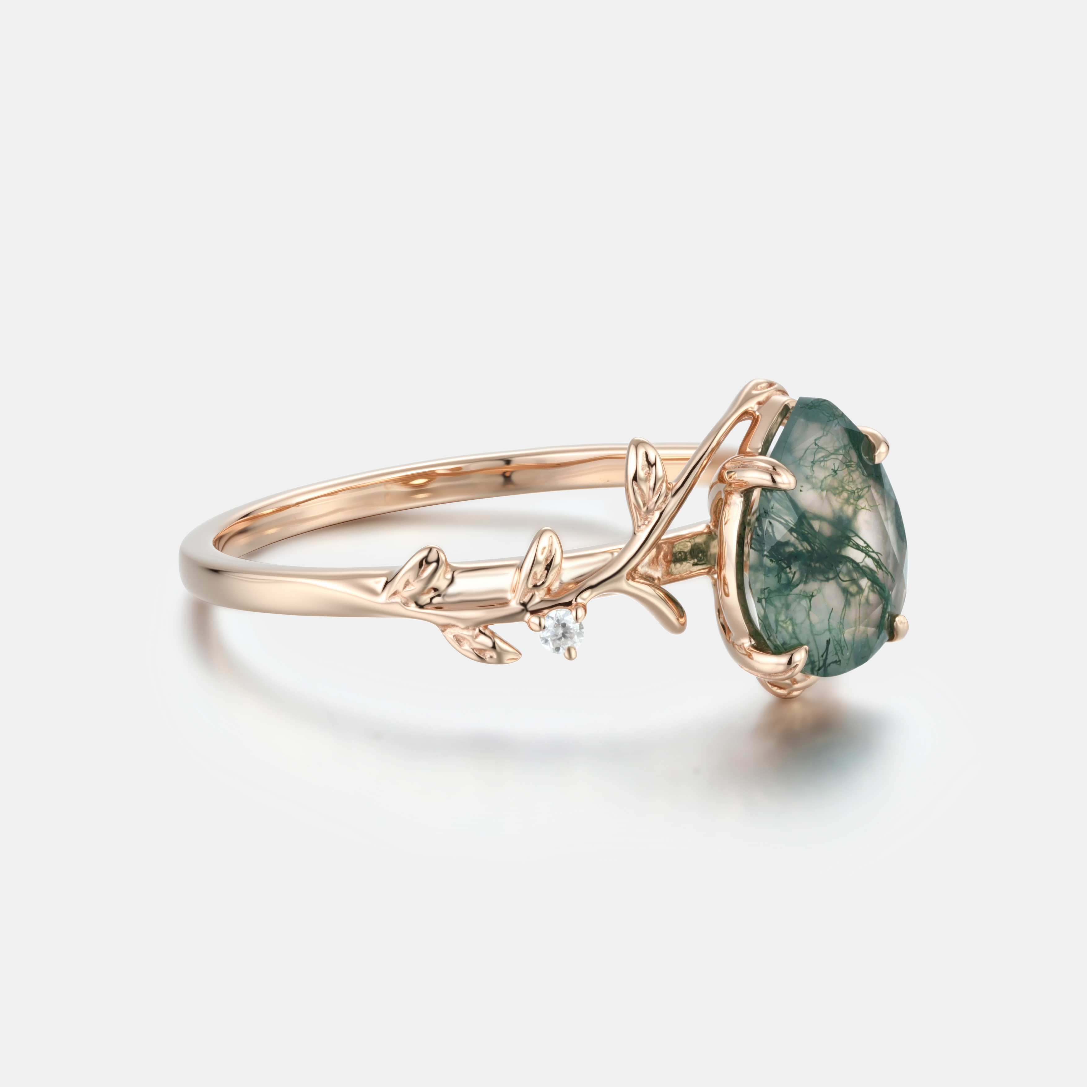 Rose Gold Natural Pear Cut Moss Agate Intertwined Vine Ring with Leaf Carving | Artistic Luxe Engagement Ring
