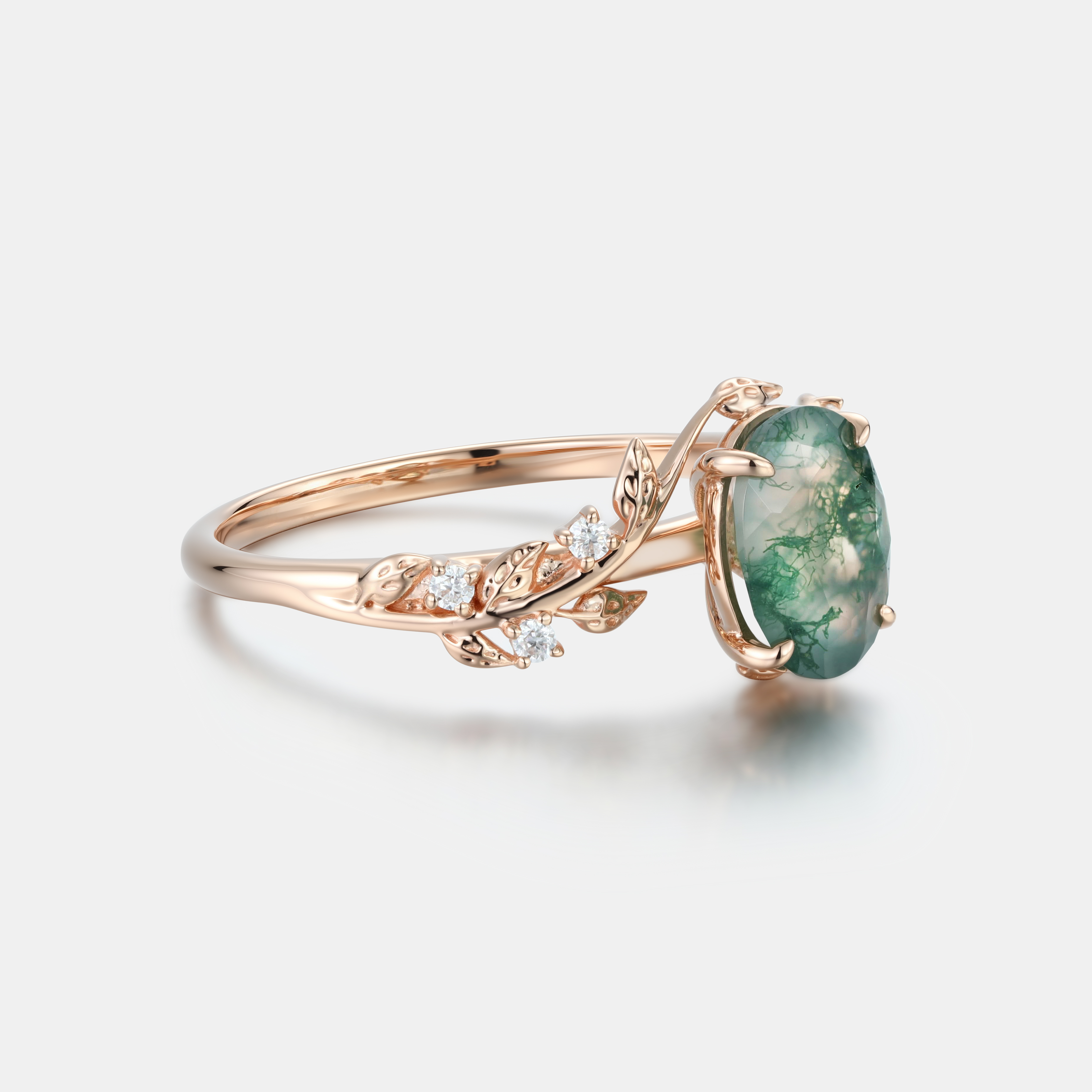 Rose Gold Natural Oval Cut Moss Agate Intertwined Vine Ring with Leaf Carving & moissanite Accents | Nature Artistic Engagement Ring