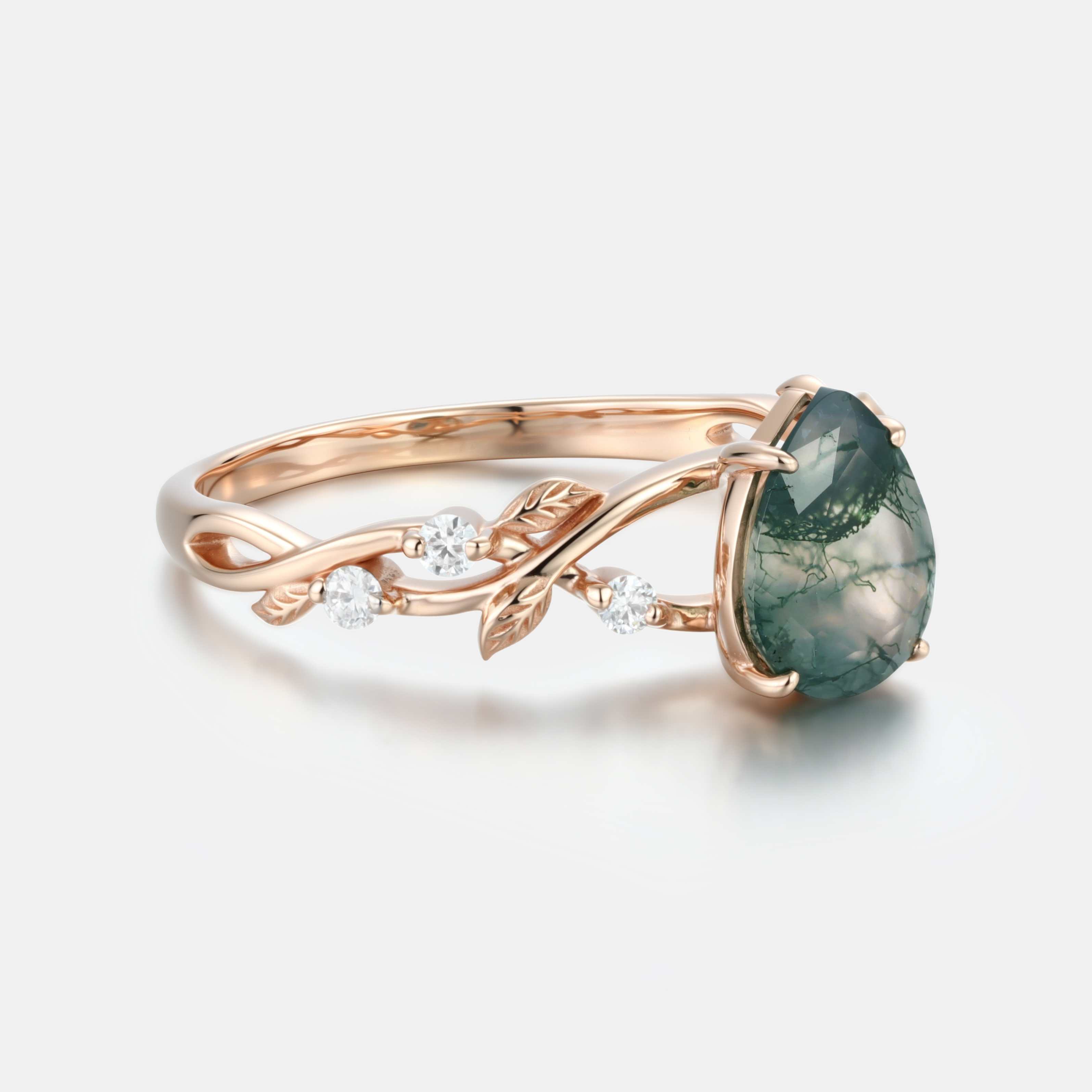 Nature-Inspired Pear Moss Agate Engagement Ring in 14K Rose Gold with Leaf Vine & Diamonds
