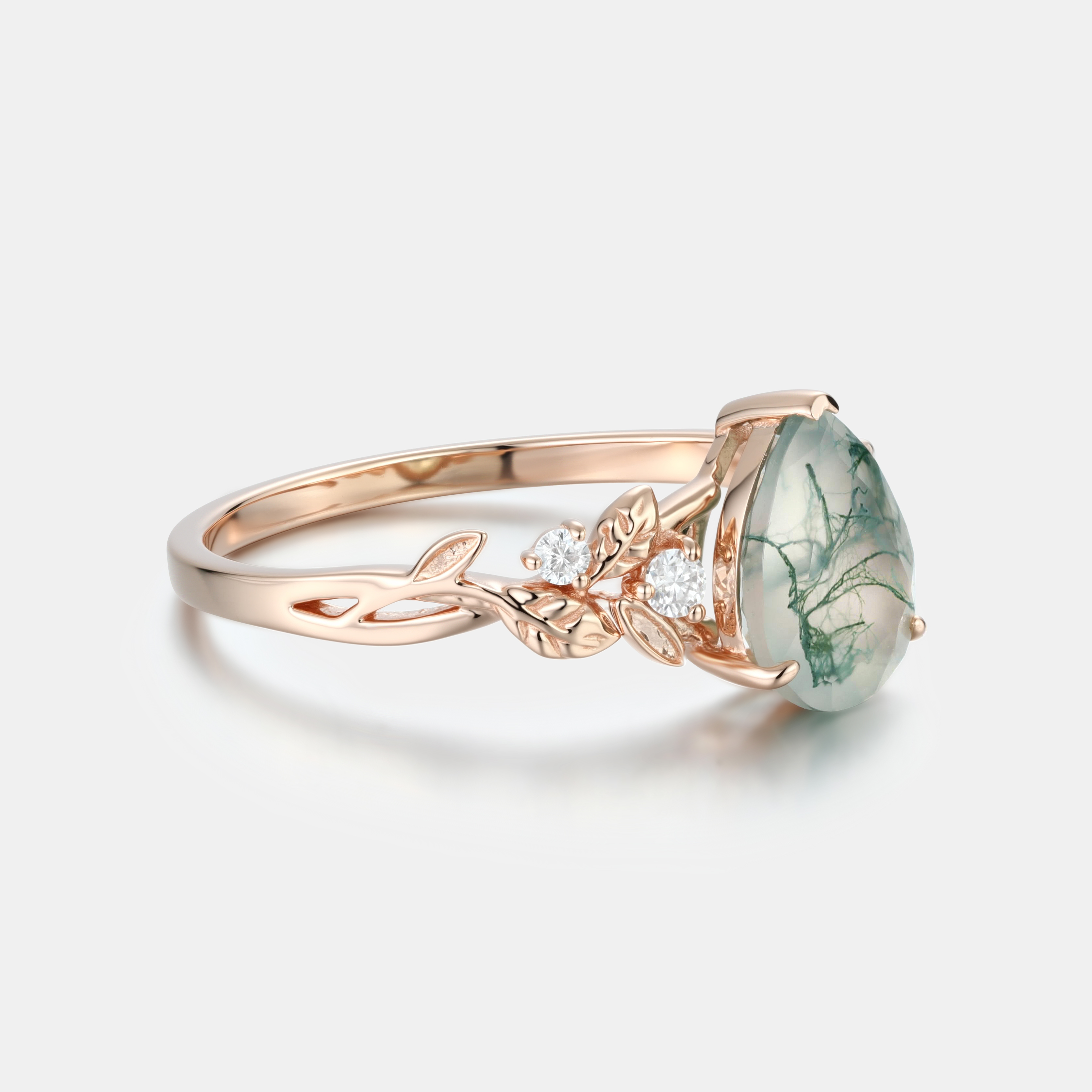 Pear Cut Moss Agate Floral Vine Engagement Ring – Rose Gold with Diamond Accents