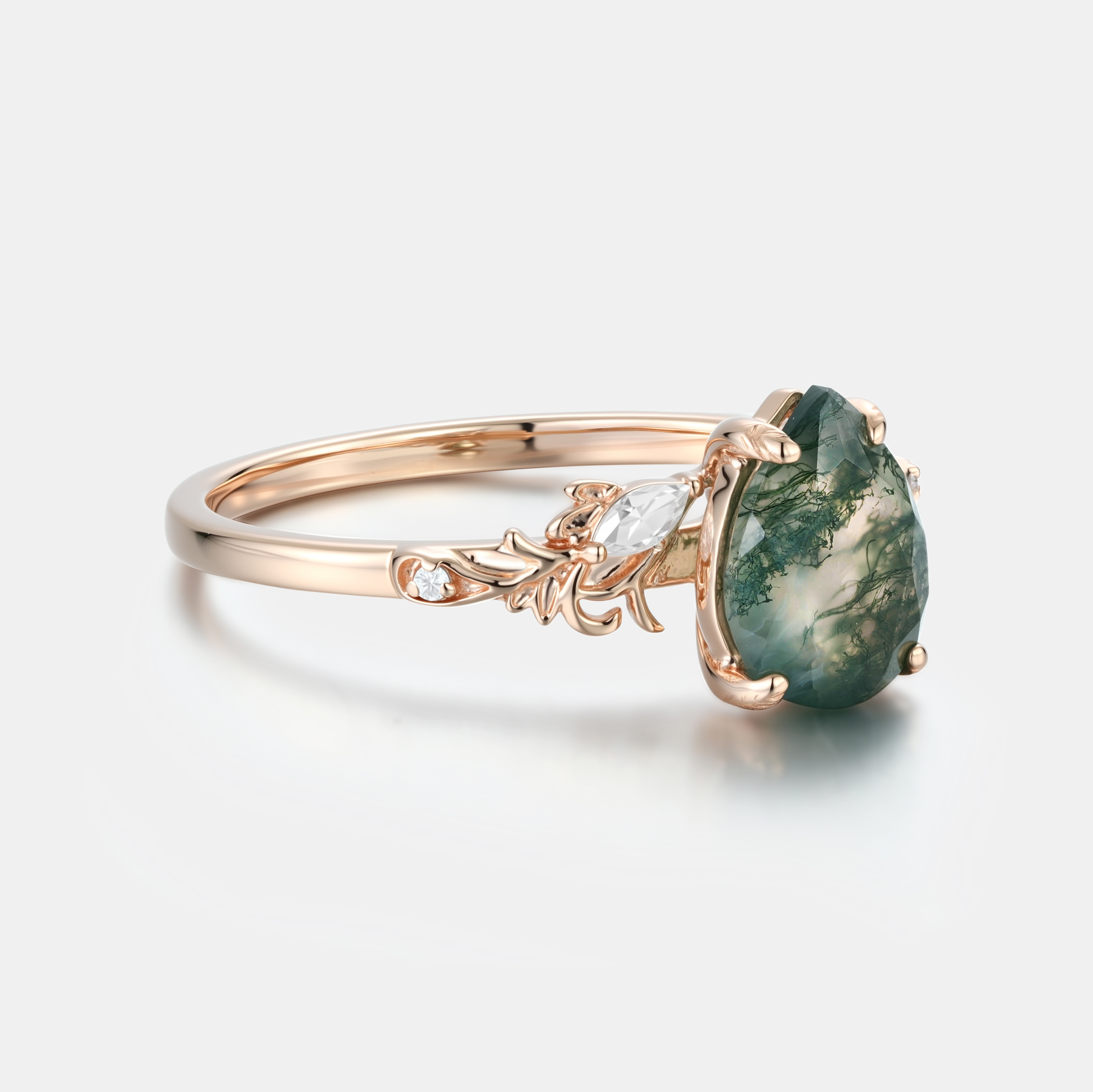 Unique Moss Agate Teardrop Ring with Rose Gold Vine Leaves and Diamonds