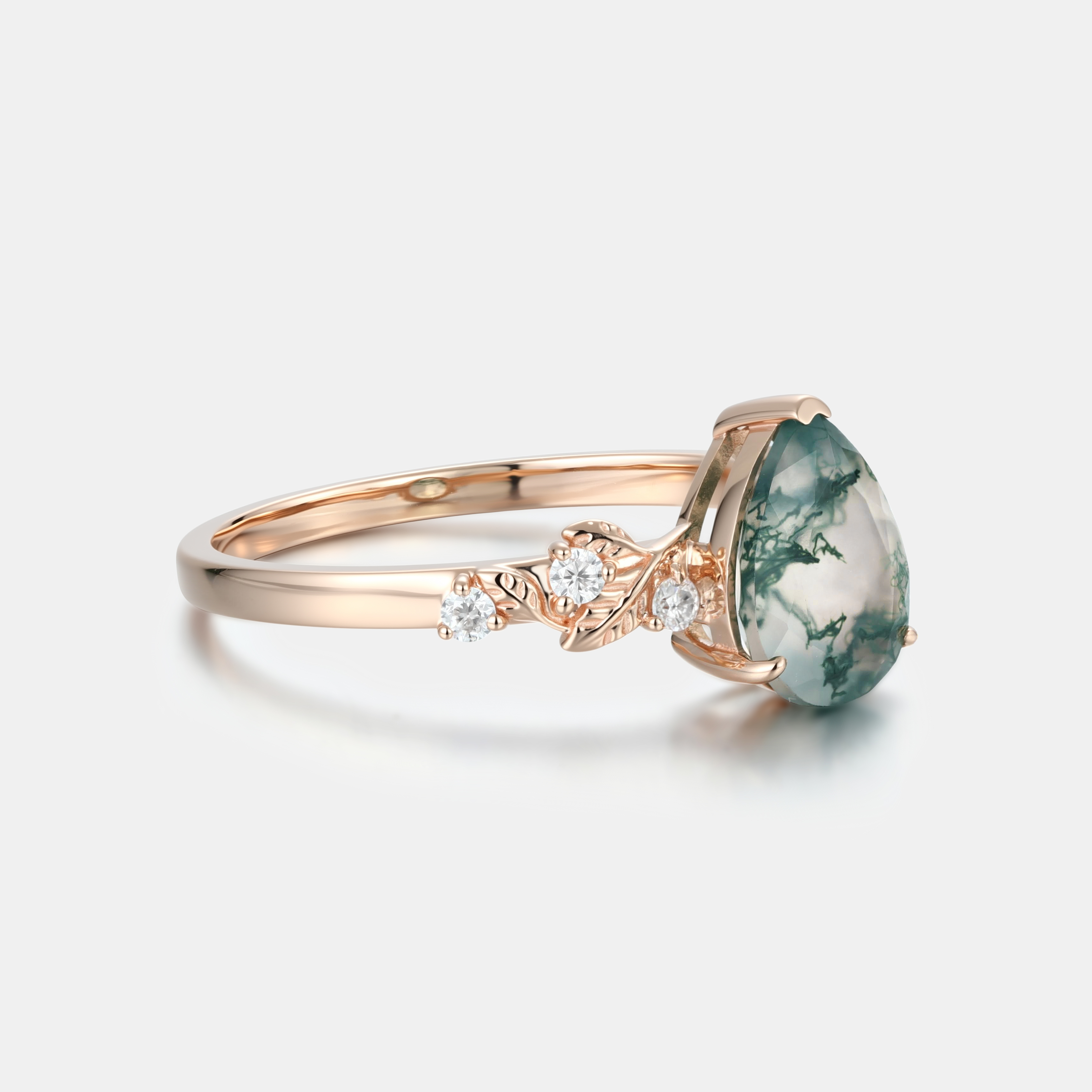 Botanical Pear Moss Agate Engagement Ring |  Rose Gold Vine & Leaf Jewelry