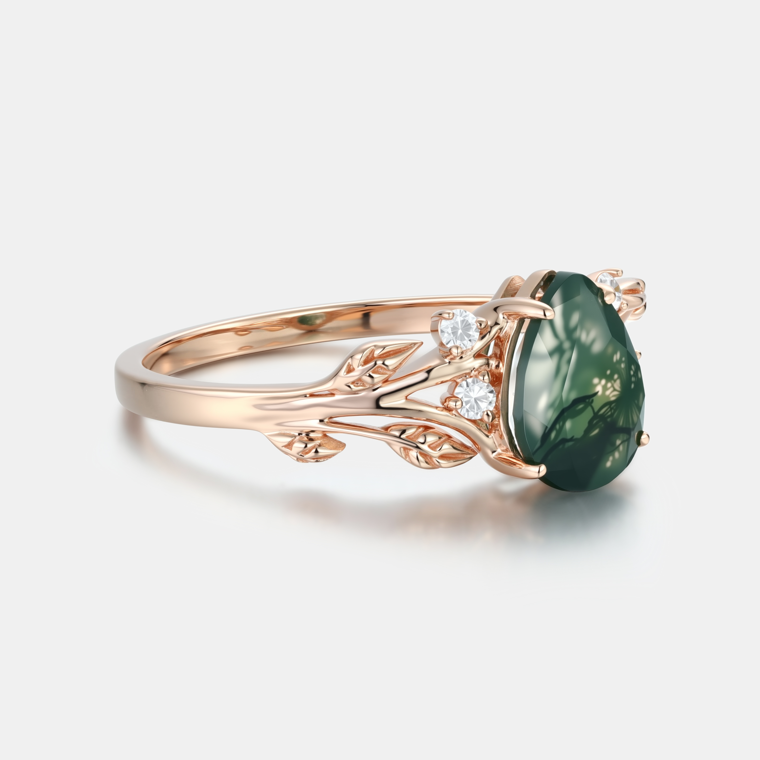Whispers of the Forest – Pear Moss Agate Engagement Ring in Rose Gold with Leaf Vine & Diamonds