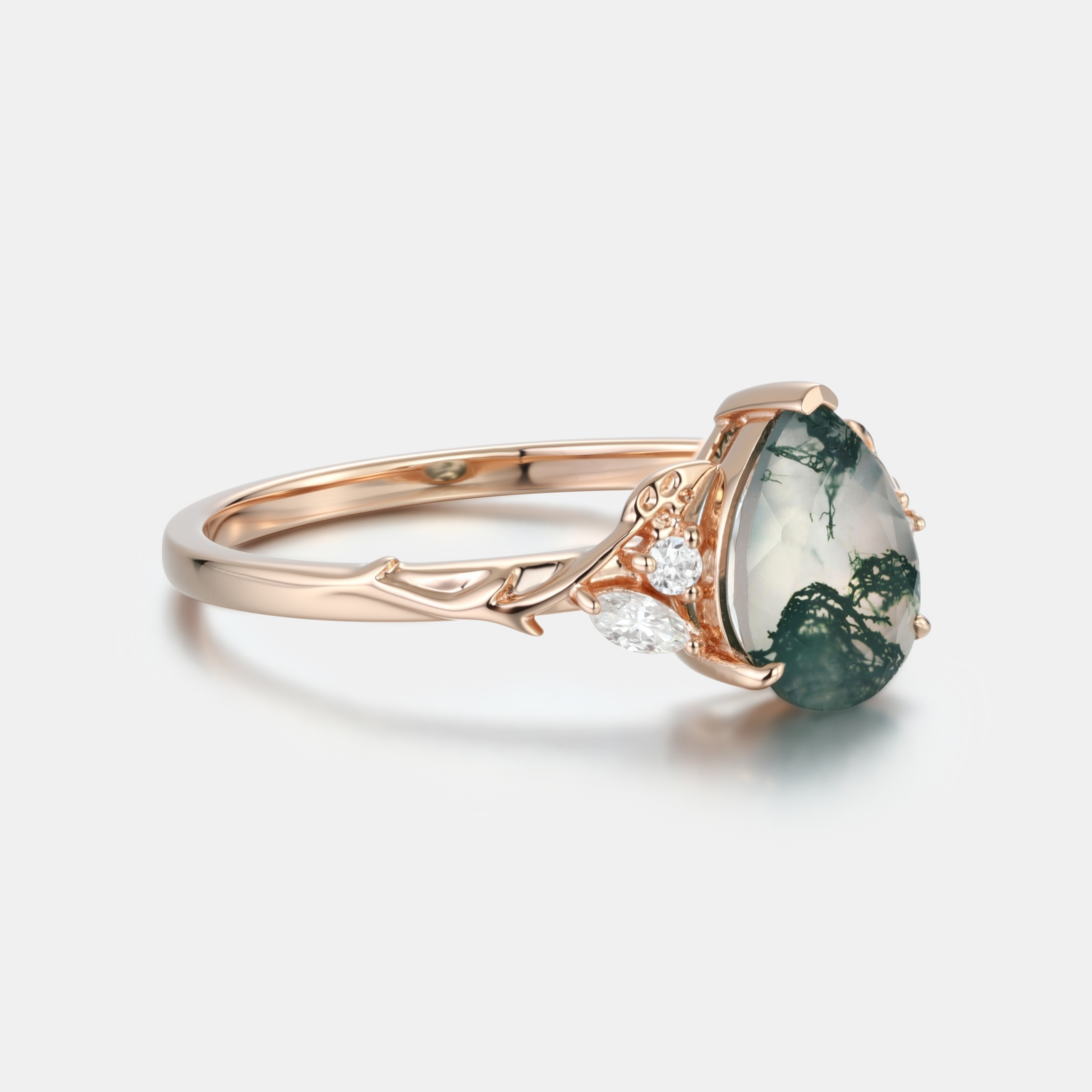 Enchanted Forest Pear Moss Agate Engagement Ring in 14K Rose Gold with Diamond Leaves