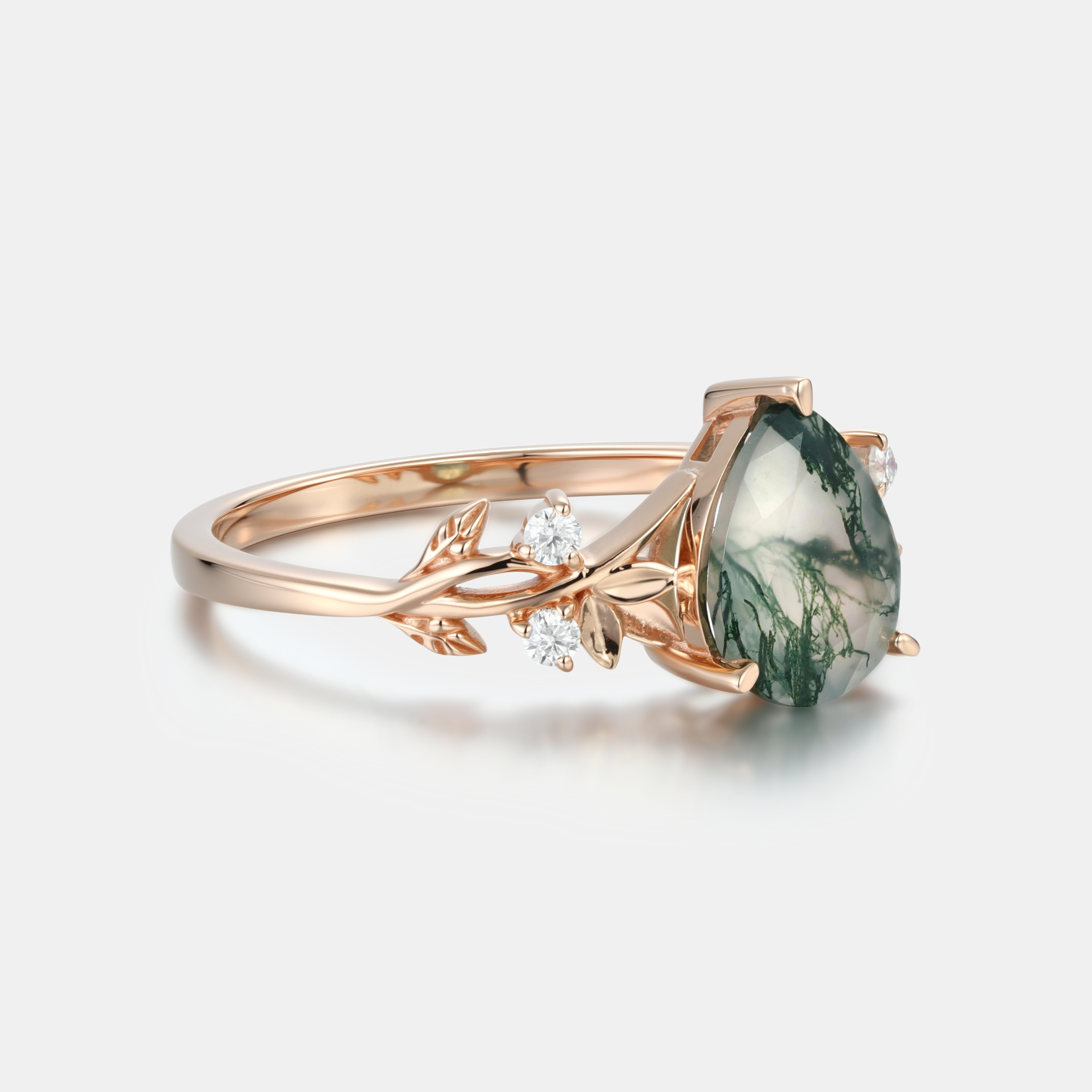 Eternal Canopy Pear Moss Agate Engagement Ring in 14K Rose Gold with Diamond Foliage