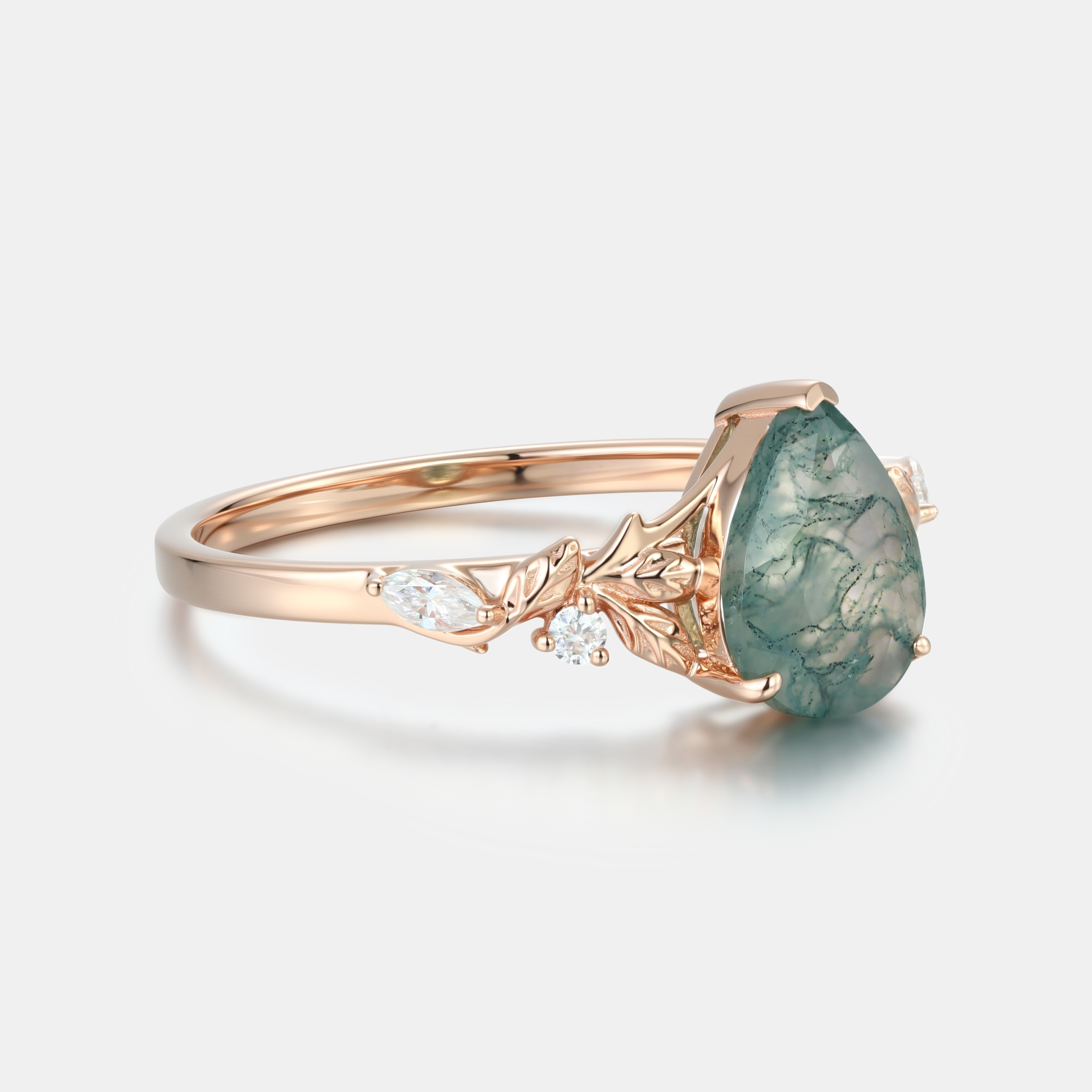 Lucky Moss Agate Floral Engagement Ring – Pear Shape in Rose Gold