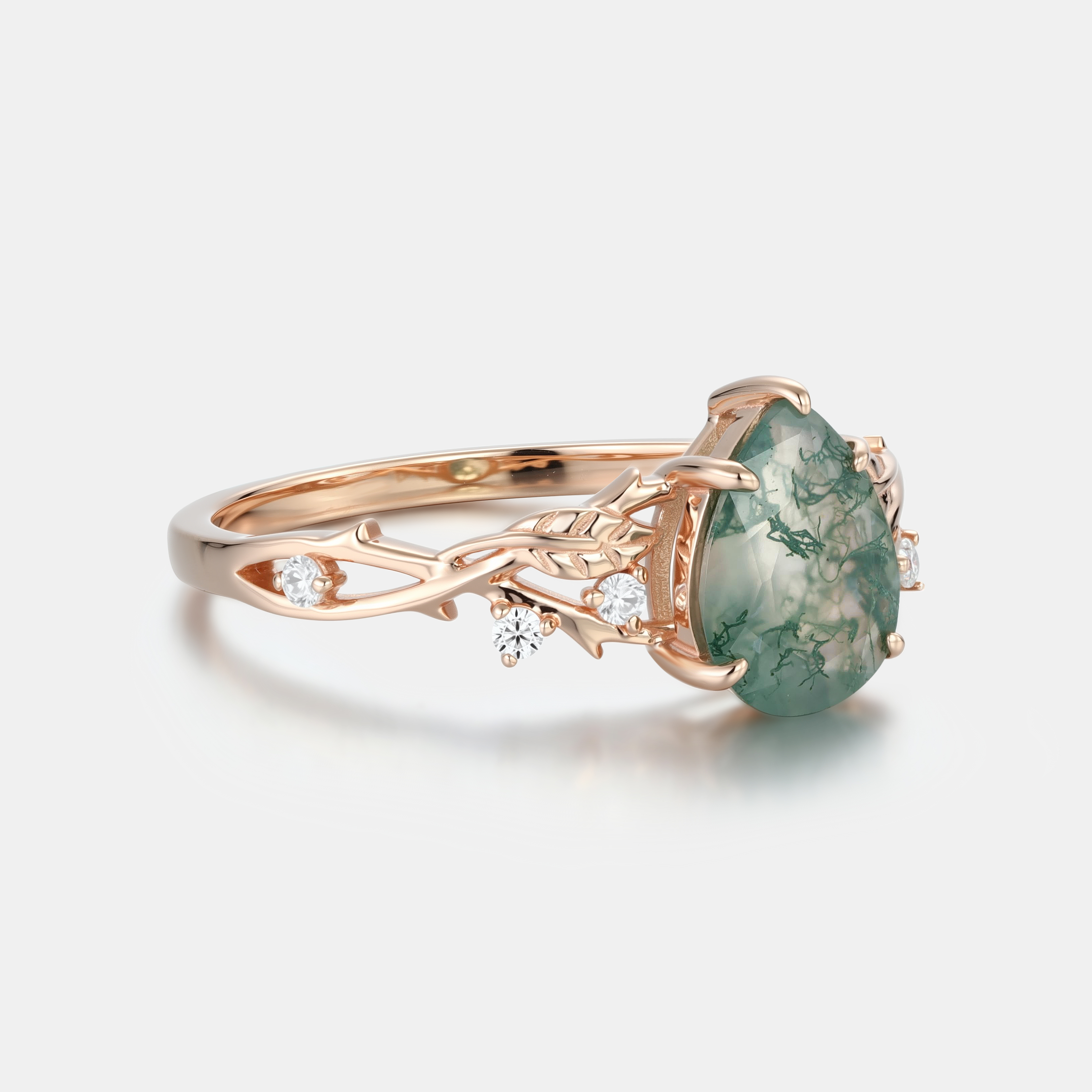 Eternal Canopy Pear Moss Agate Engagement Ring in Rose Gold with Diamond Vine Foliage