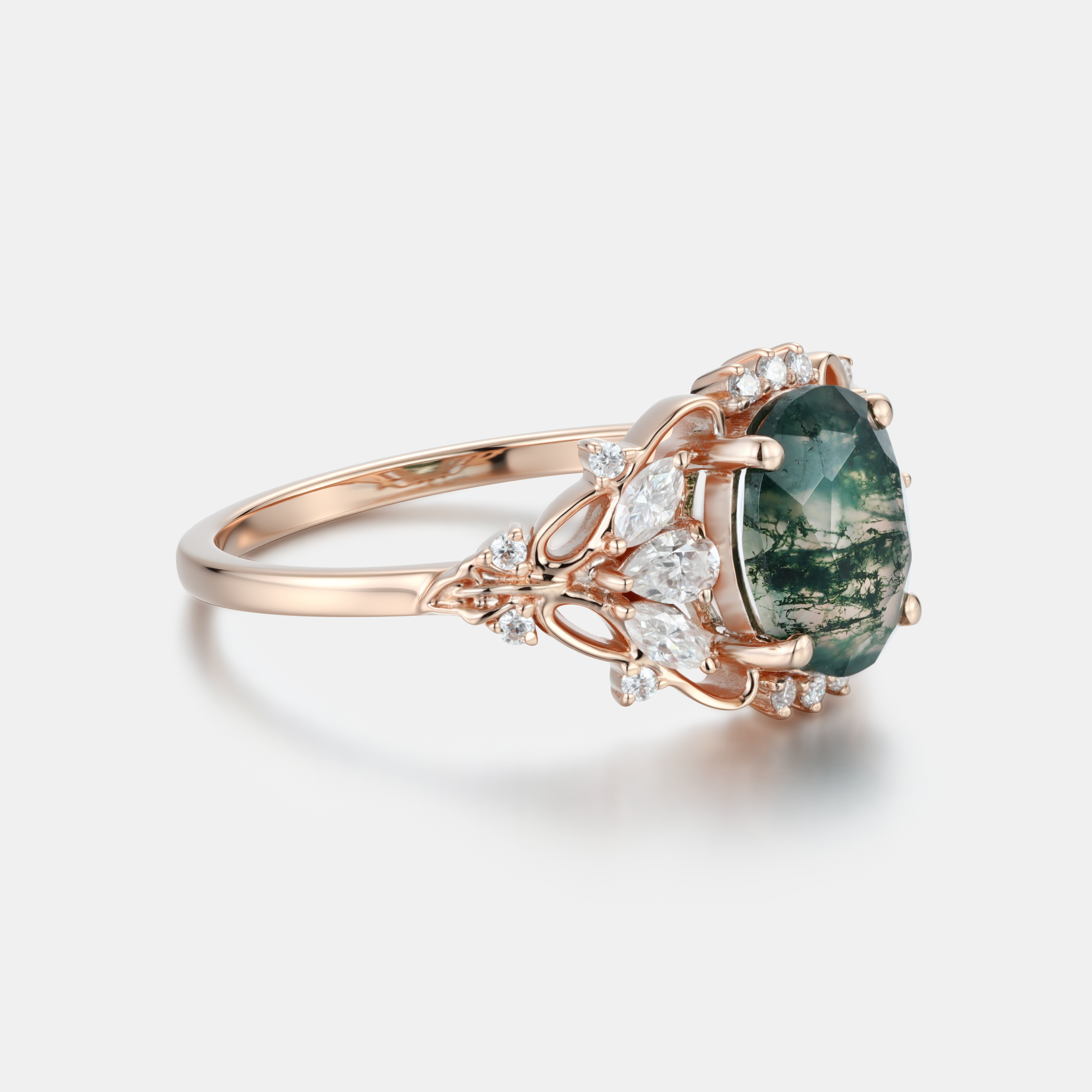 Lucky Eternal Canopy Oval Moss Agate Engagement Ring in Rose Gold with Diamond Halo