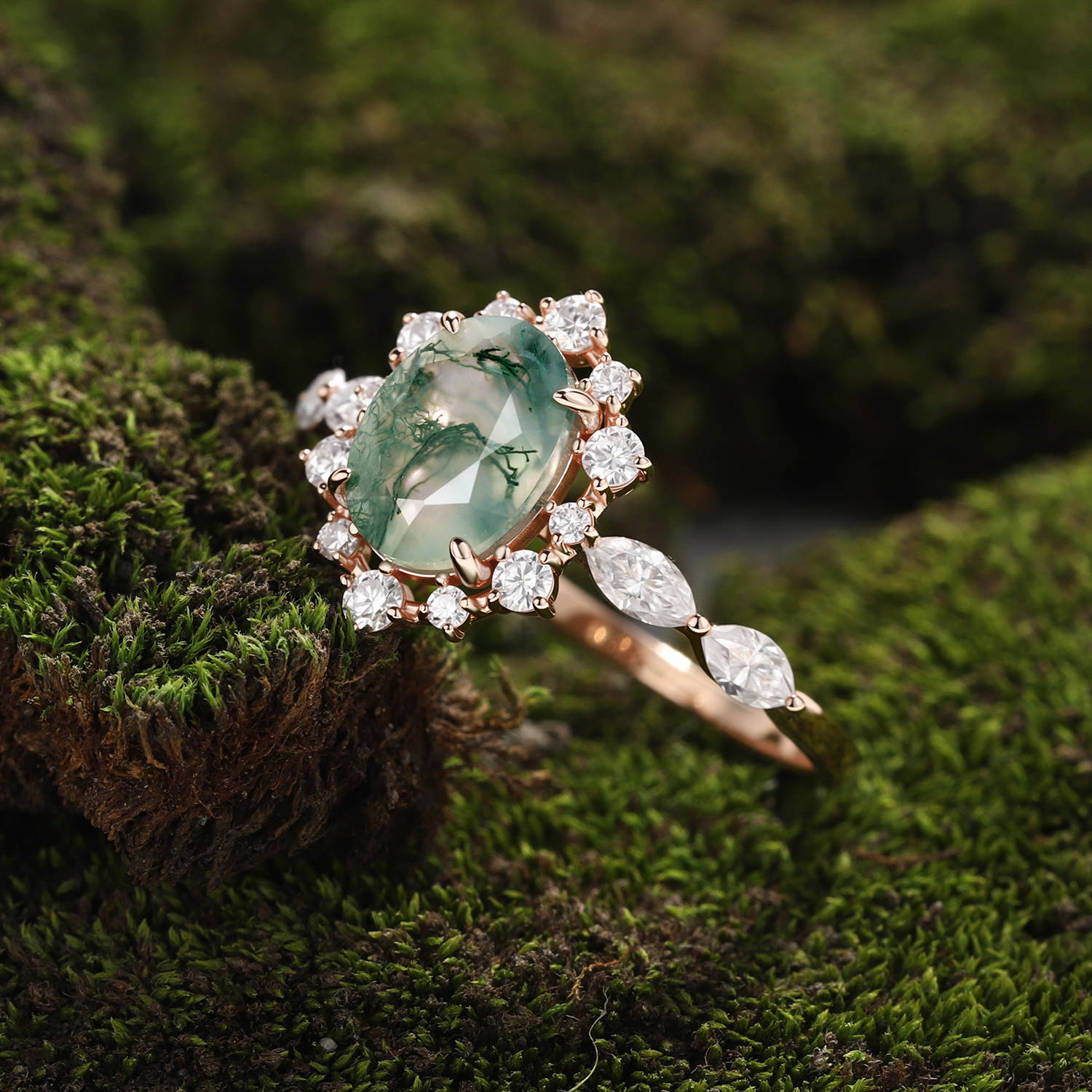 Oval Moss Agate Rose Gold Halo Ring with Pear Moissanite & Crown Accents | Glamorous Forest Boho Engagement Ring-GLR0018