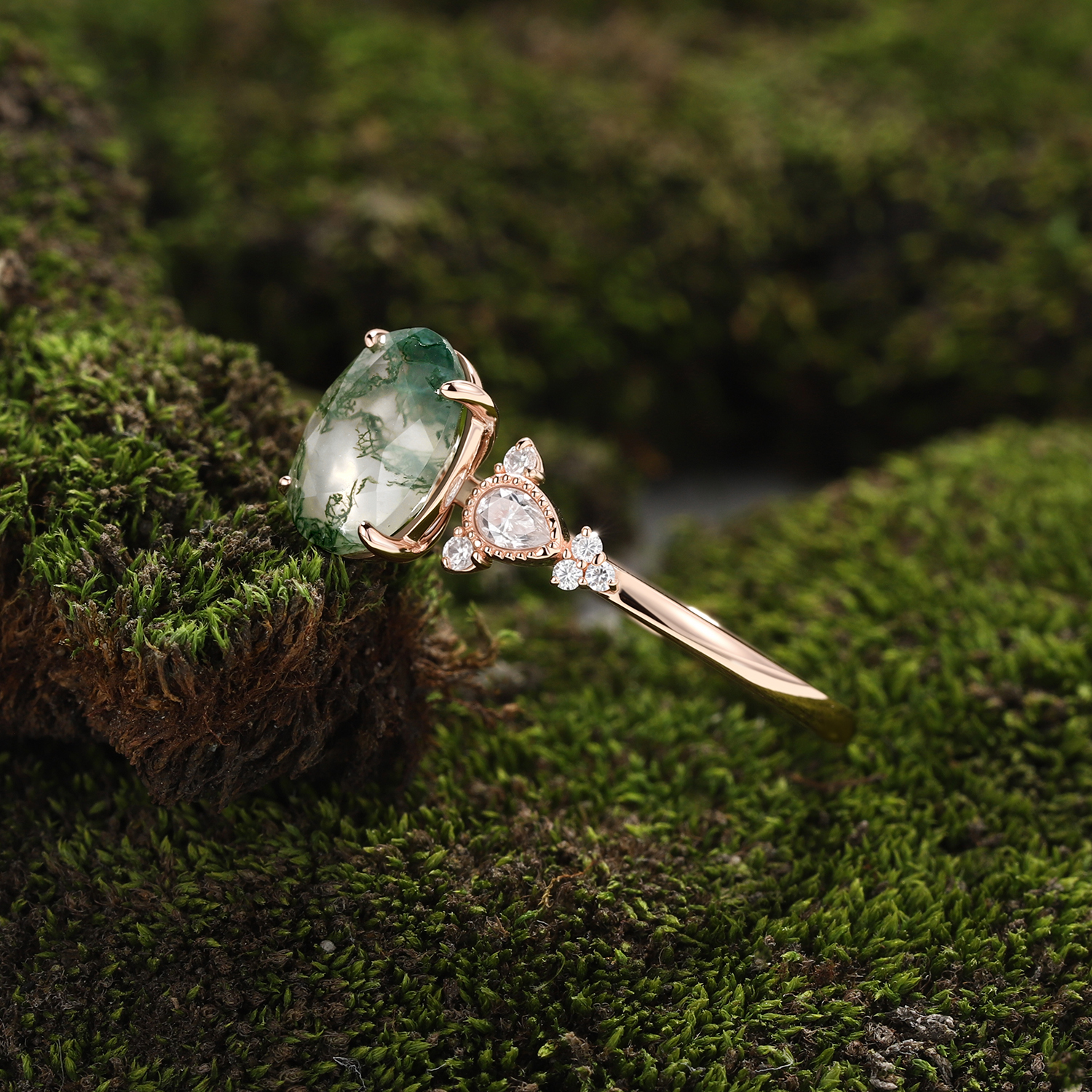 Rose Gold Natural Oval Cut Moss Agate Ring with Pear Moissanite & Milgrain Accents | Vintage Nature-Inspired Engagement Ring