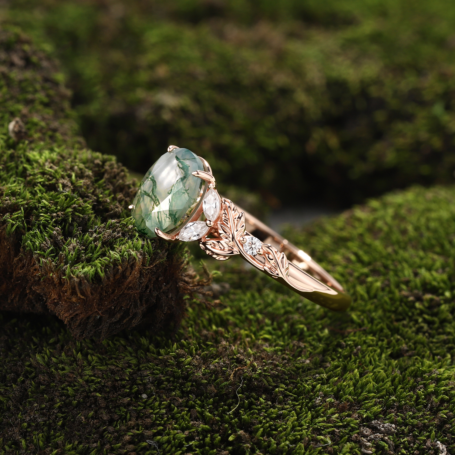 Rose Gold Natural Oval Cut Moss Agate Vine Leaf Ring with Moissanite Accents | Nature-Inspired Engagement Ring