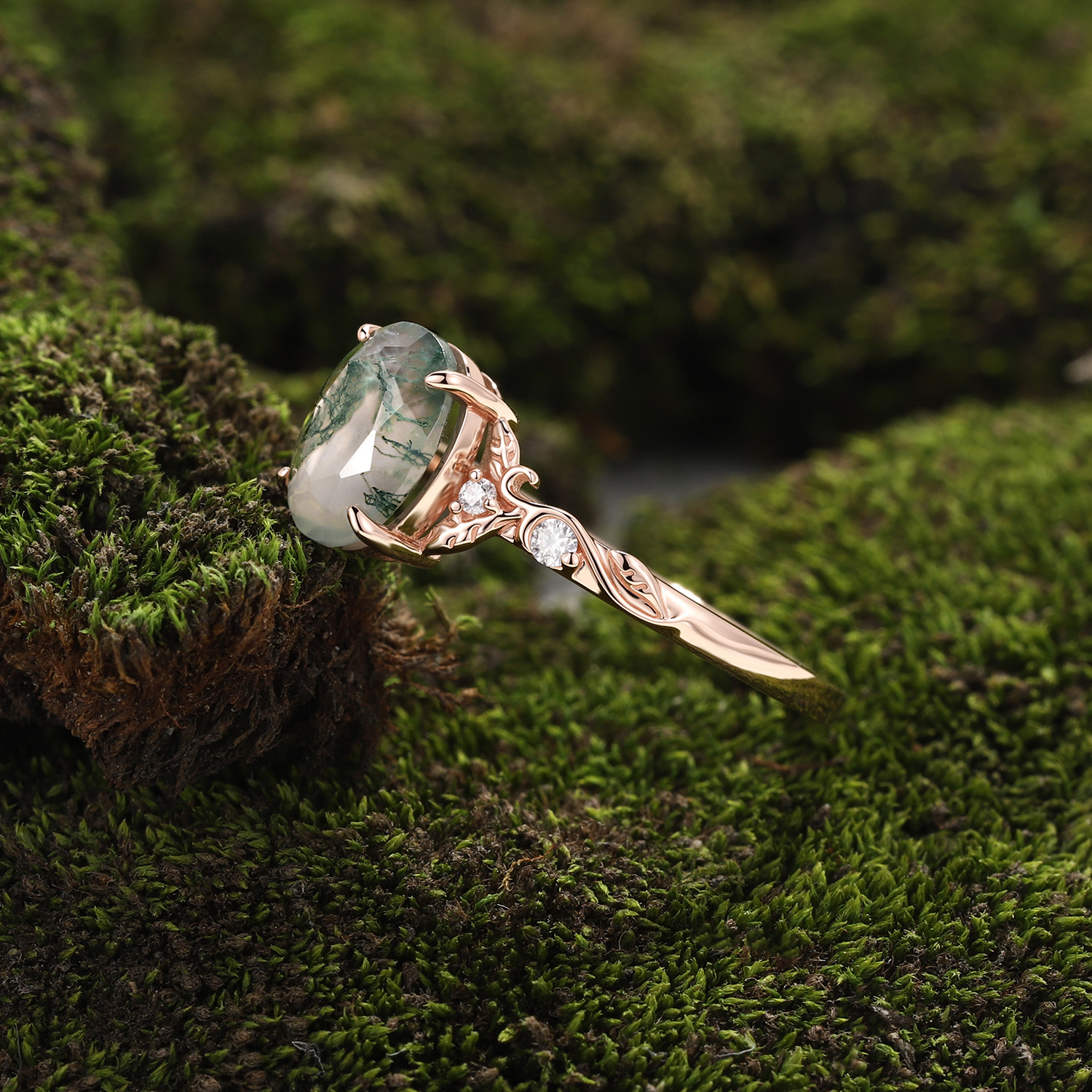 Rose Gold Natural Oval Cut Moss Agate Swirling Vine Ring with Moissanite Accents | Art Nouveau Engagement Ring