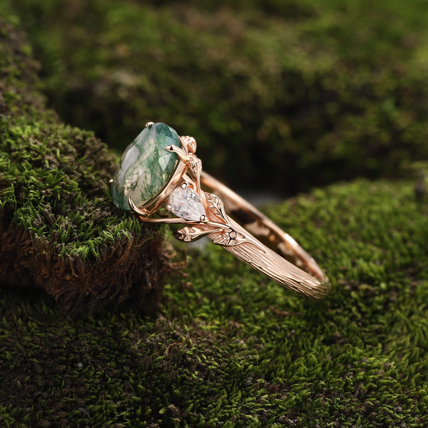 Rose Gold Natural Oval Cut Moss Agate Leaf Vine Three-Stone Ring with Pear Moissanite Accents | Nature Artistic Engagement Ring