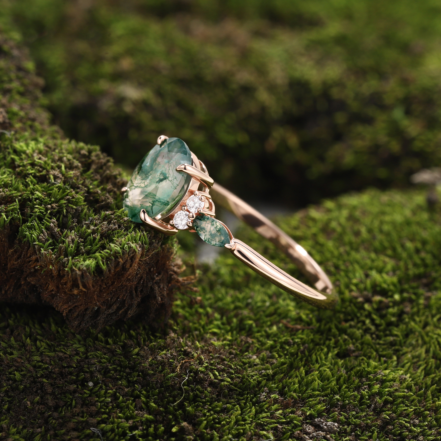 Rose Gold Natural Oval Cut Moss Agate Three-Stone Ring with Matching Marquise Moss Agate Sides | Nature-Inspired Engagement Ring