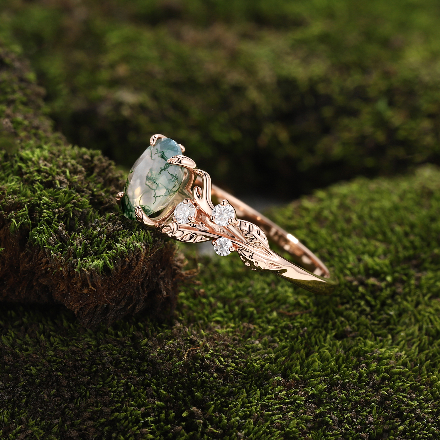 Rose Gold Natural Oval Cut Moss Agate Vine Leaf Ring with Diamond Foliage | Nature Artistic Engagement Ring