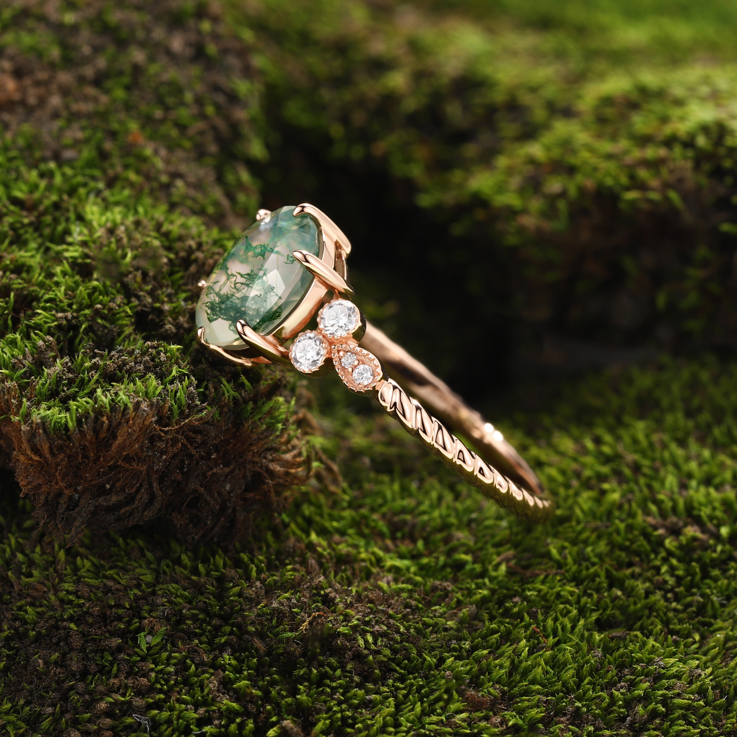 Rose Gold Natural Oval Cut Moss Agate Floral Twist Ring – Romantic Bloom from the Forest