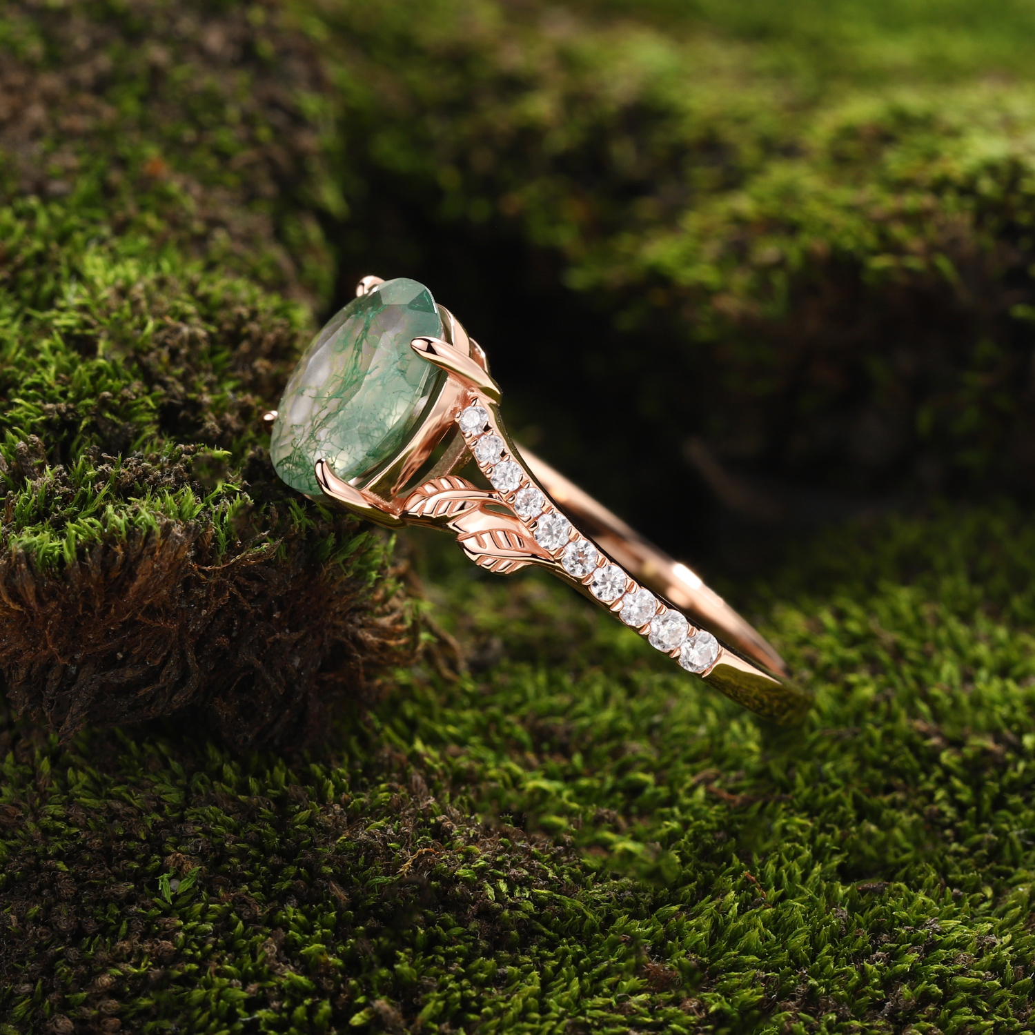 Rose Gold Natural Oval Cut Moss Agate Vine Moissanite Ring with Leaf Carving & Pavé Half Band | Nature Artistic Engagement Ring